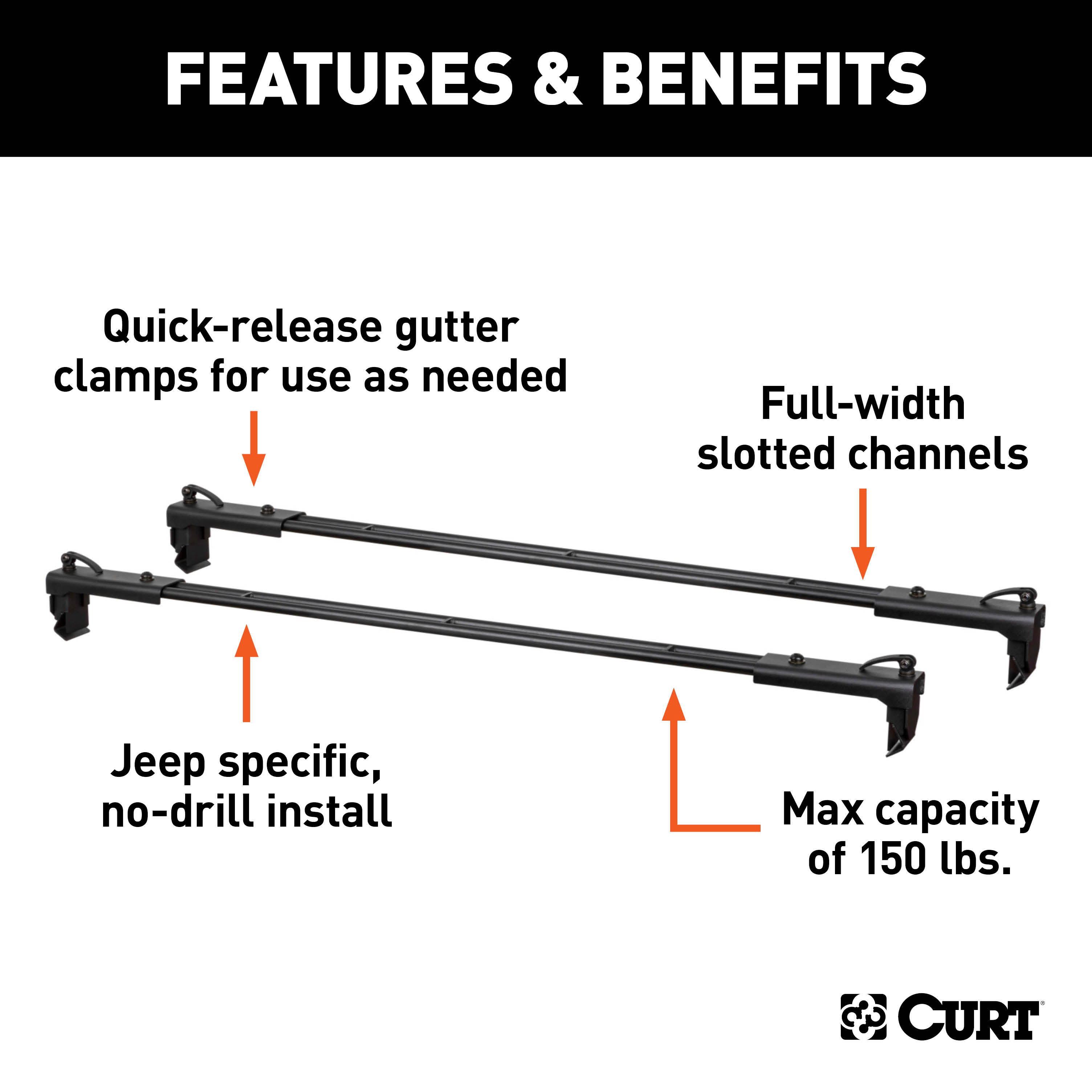 CURT 18119 Black Steel Quick-Release Roof Rack Crossbars, Fits Select Jeep Wrangler JK thumbnail 1