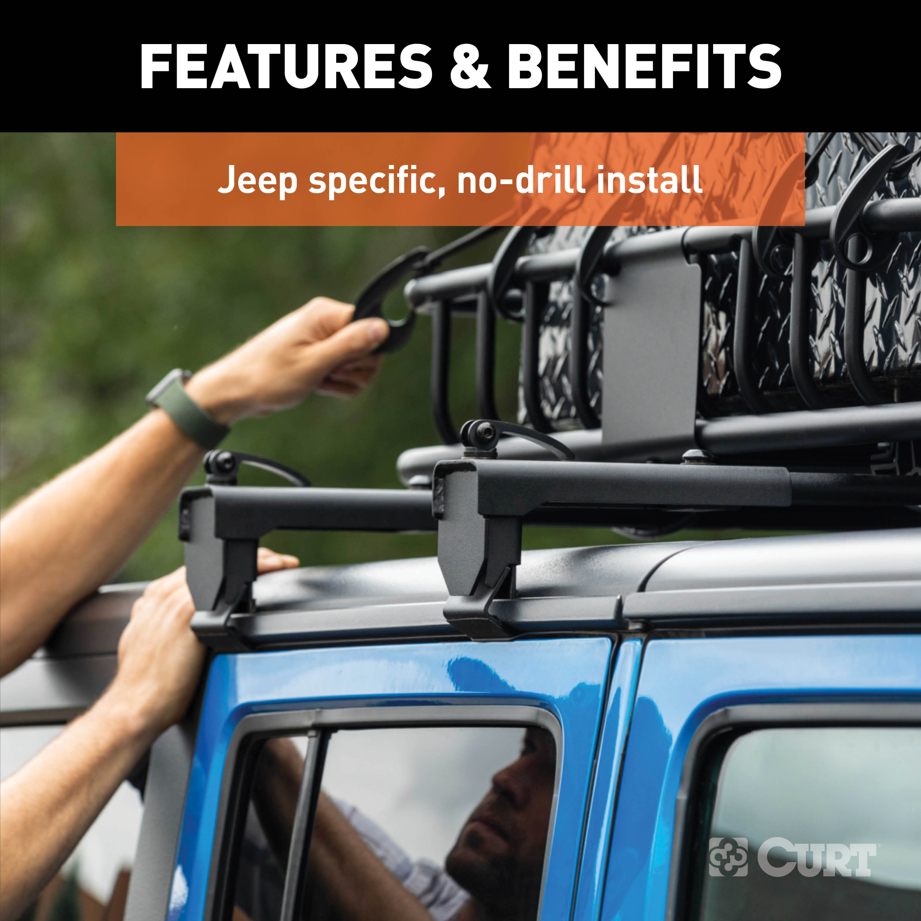 CURT 18119 Black Steel Quick-Release Roof Rack Crossbars, Fits Select Jeep Wrangler JK thumbnail 2