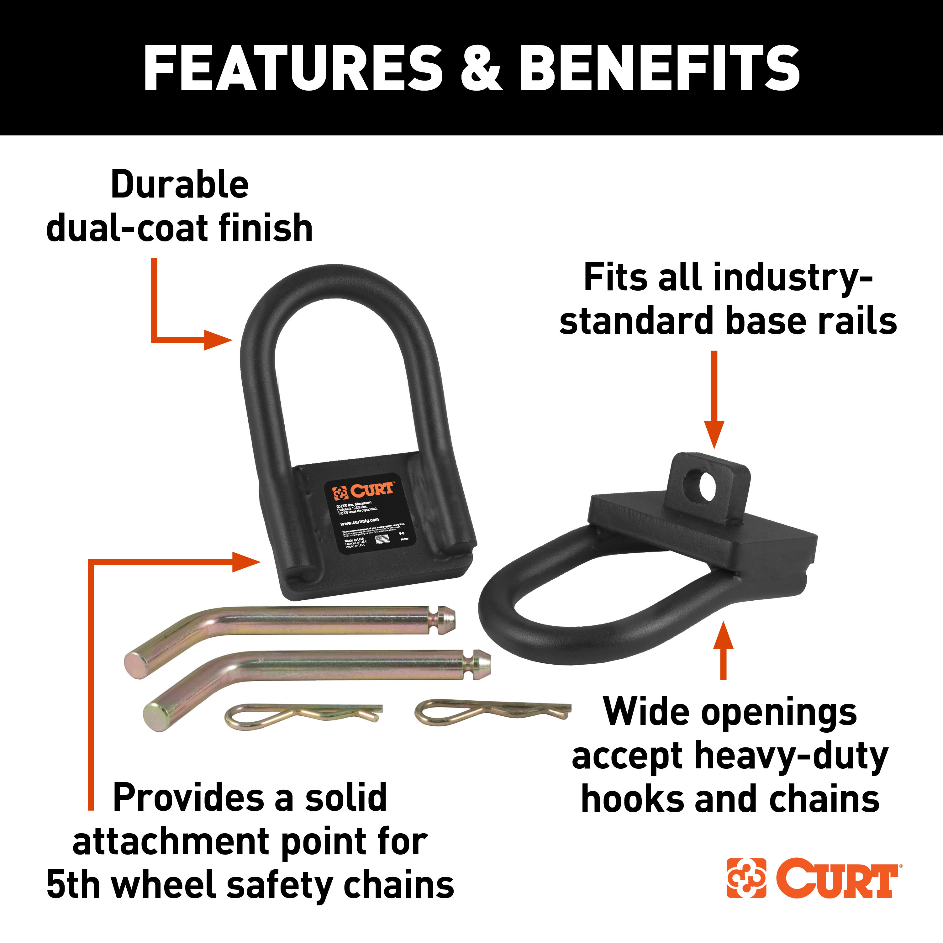 CURT 16000 5th Wheel Hitch Safety Chain Anchors, Fits Industry-Standard Rails thumbnail 1