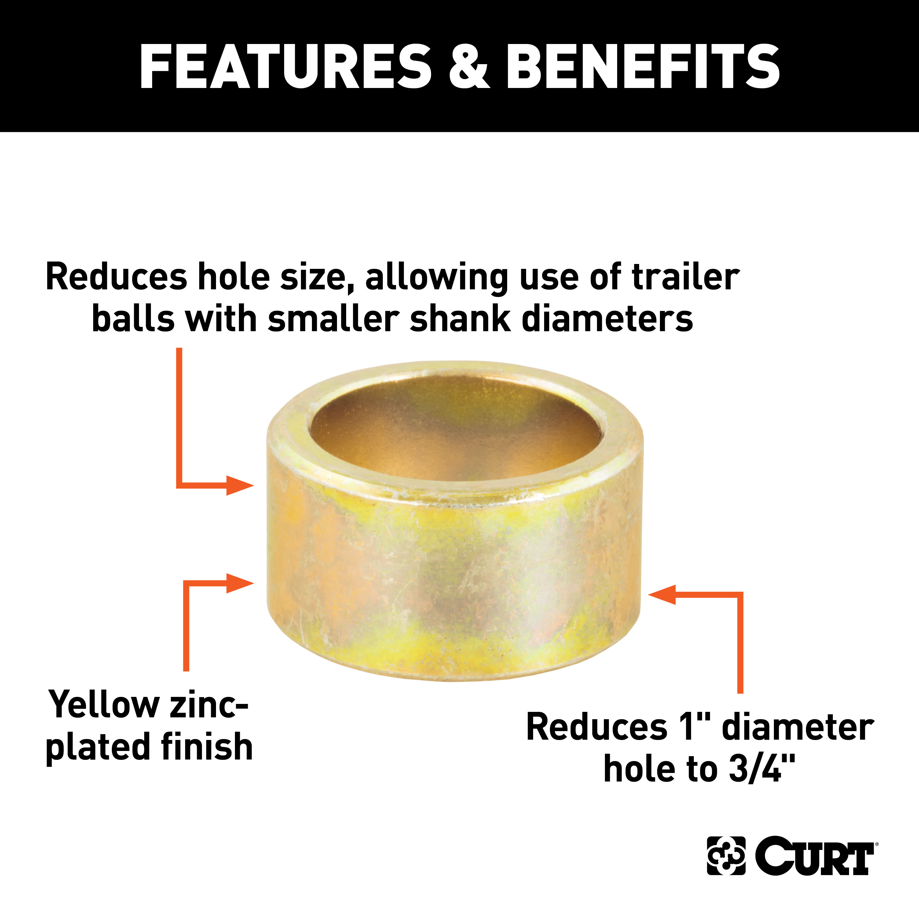CURT 21100 Trailer Hitch Ball Hole Reducer Bushing, Reduces 1-Inch Diameter to 3/4-Inch Stem thumbnail 1