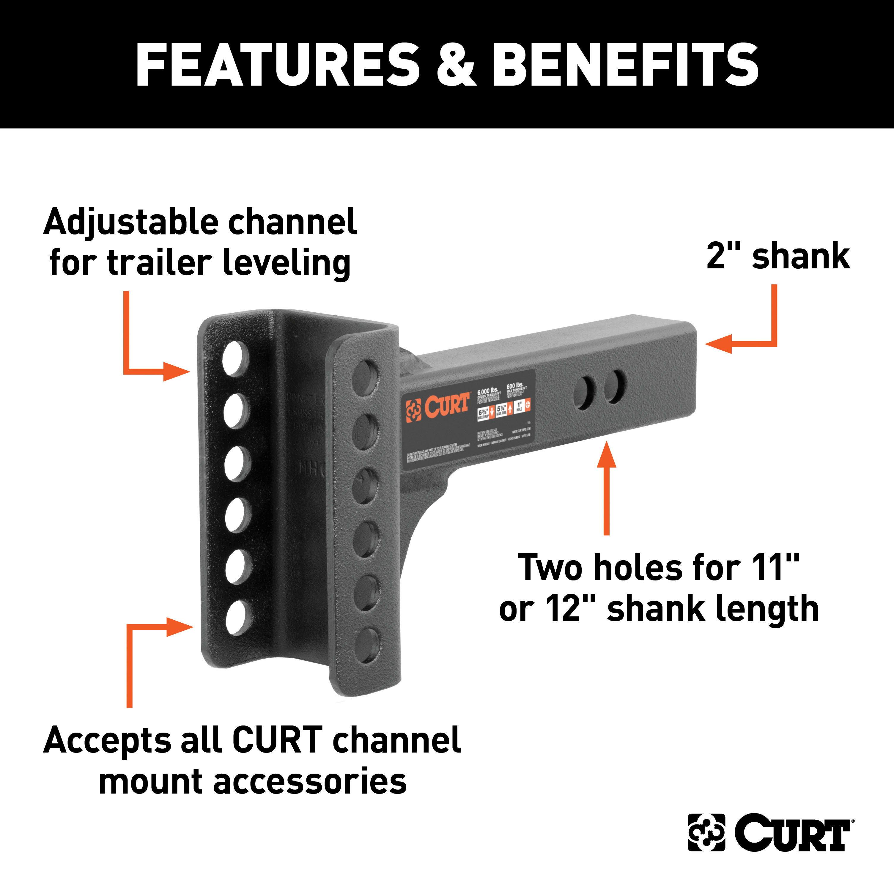 CURT 45911 Replacement Shank for Adjustable Trailer Hitch Ball Mount #45901, Fits 2-Inch Receiver thumbnail 1