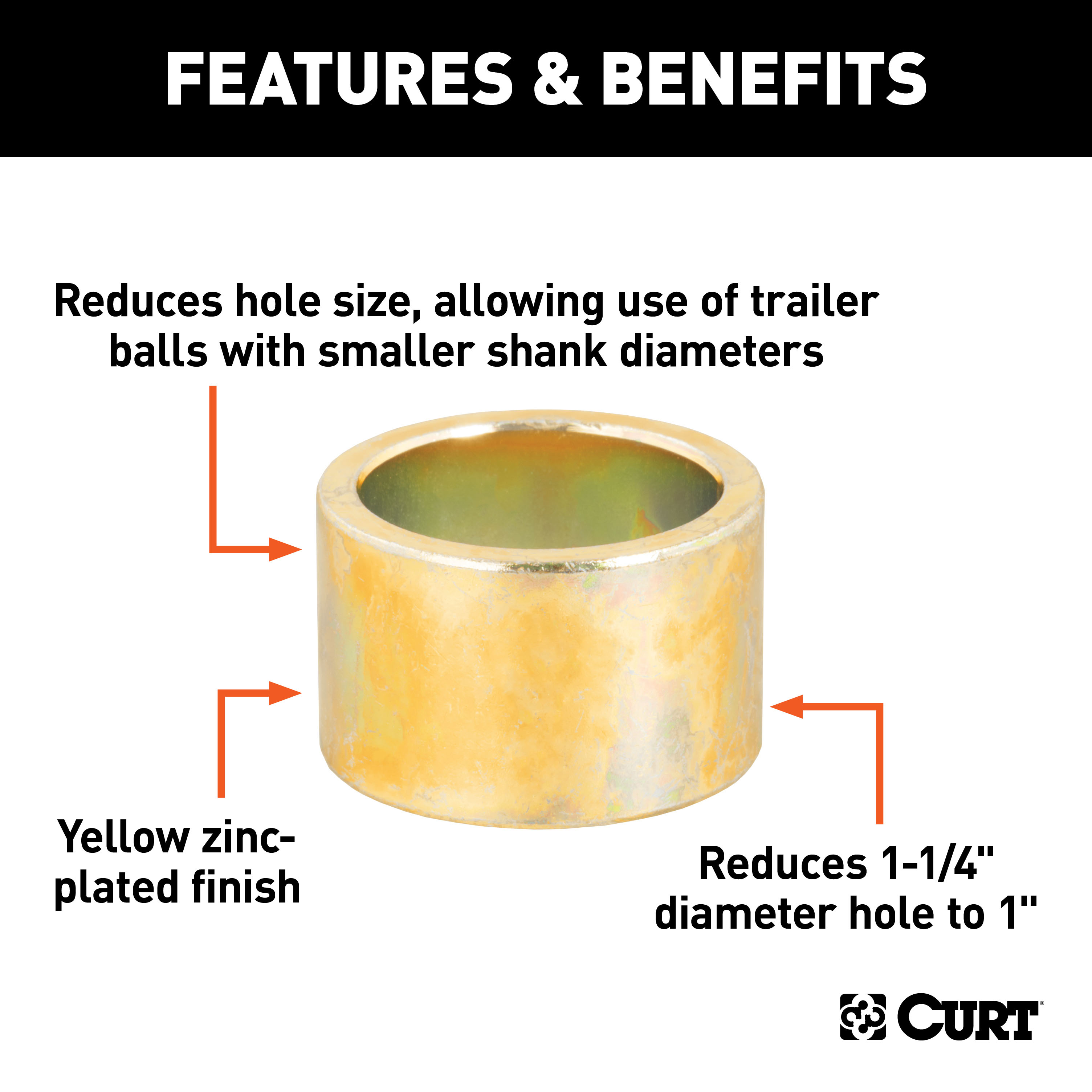 CURT 21201 Trailer Hitch Ball Hole Reducer Bushing, Reduces 1-1/4-Inch Diameter to 1-Inch Stem thumbnail 1
