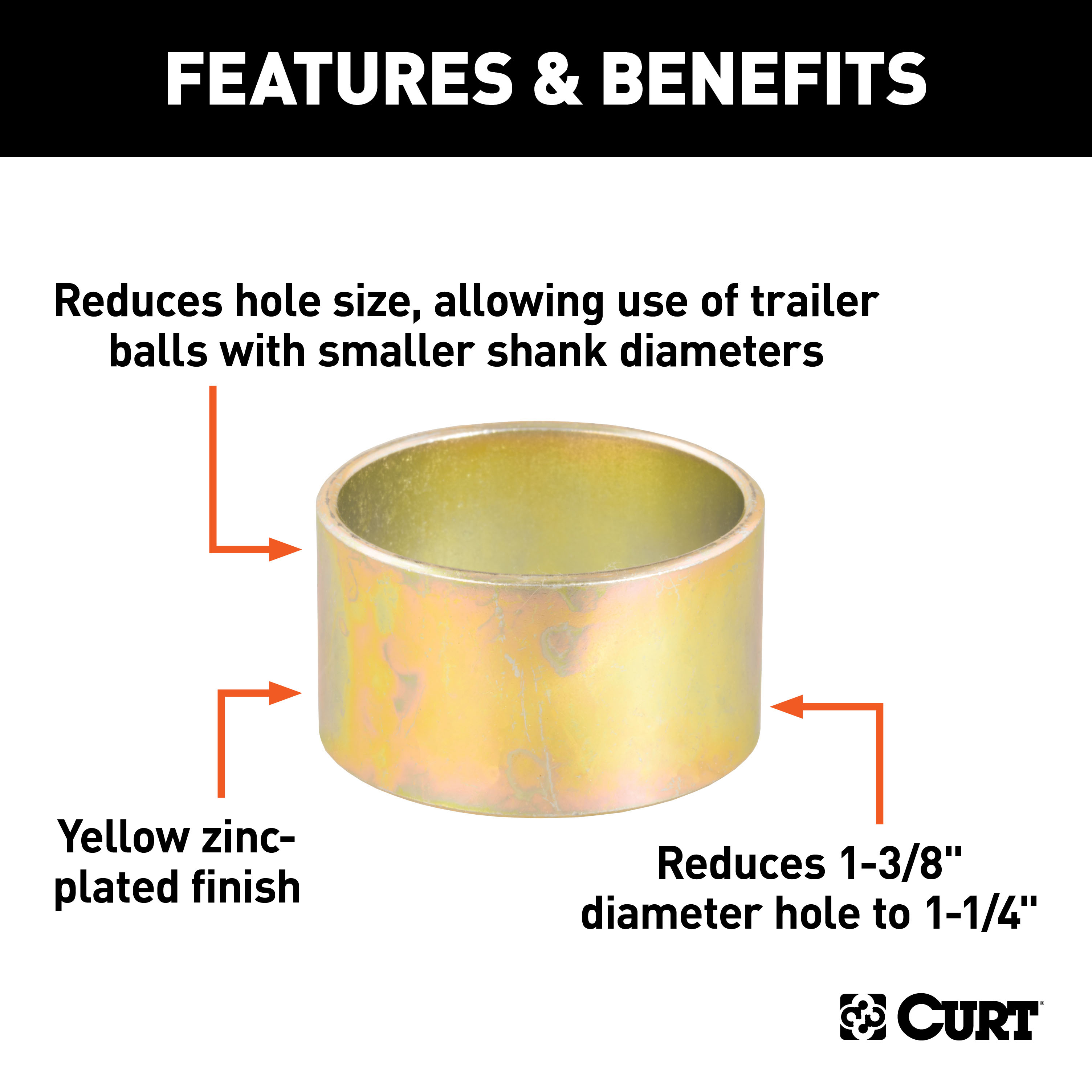 CURT 21300 Trailer Hitch Ball Hole Reducer Bushing, Reduces 1-3/8-Inch Diameter to 1-1/4-Inch Stem thumbnail 1