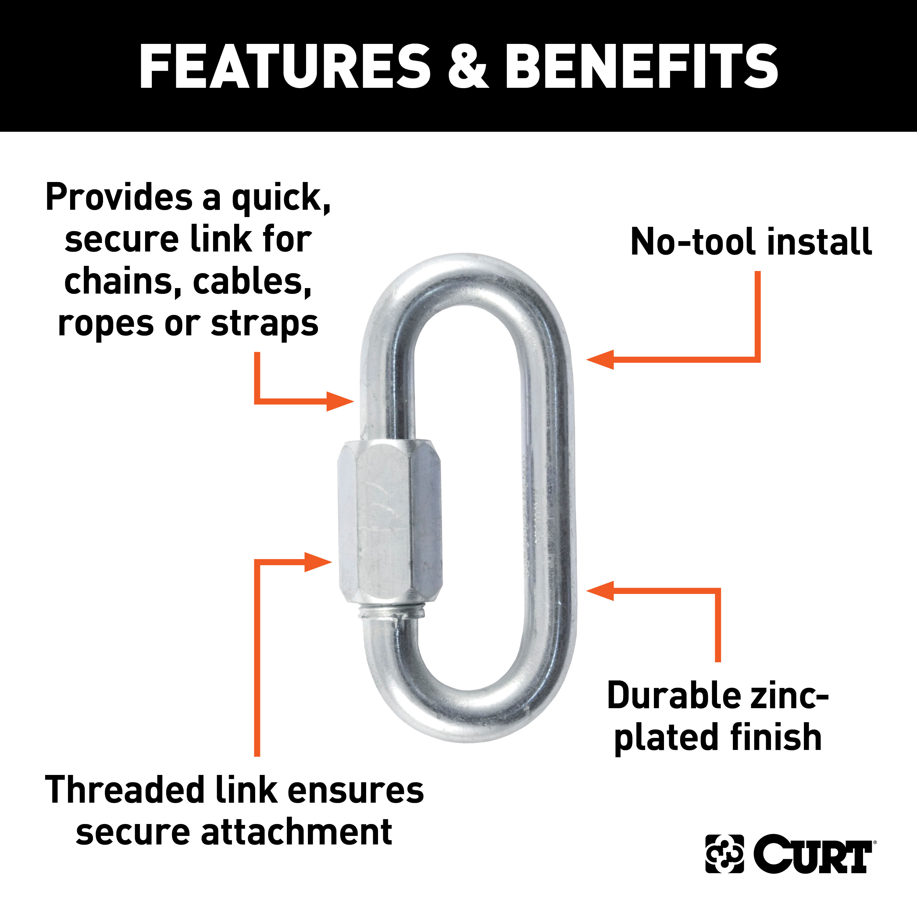 CURT 82931 Threaded Quick Link Trailer Safety Chain Hook Carabiner Clip, 7/16-Inch Diameter, 13,200 lbs Break Strength thumbnail 1