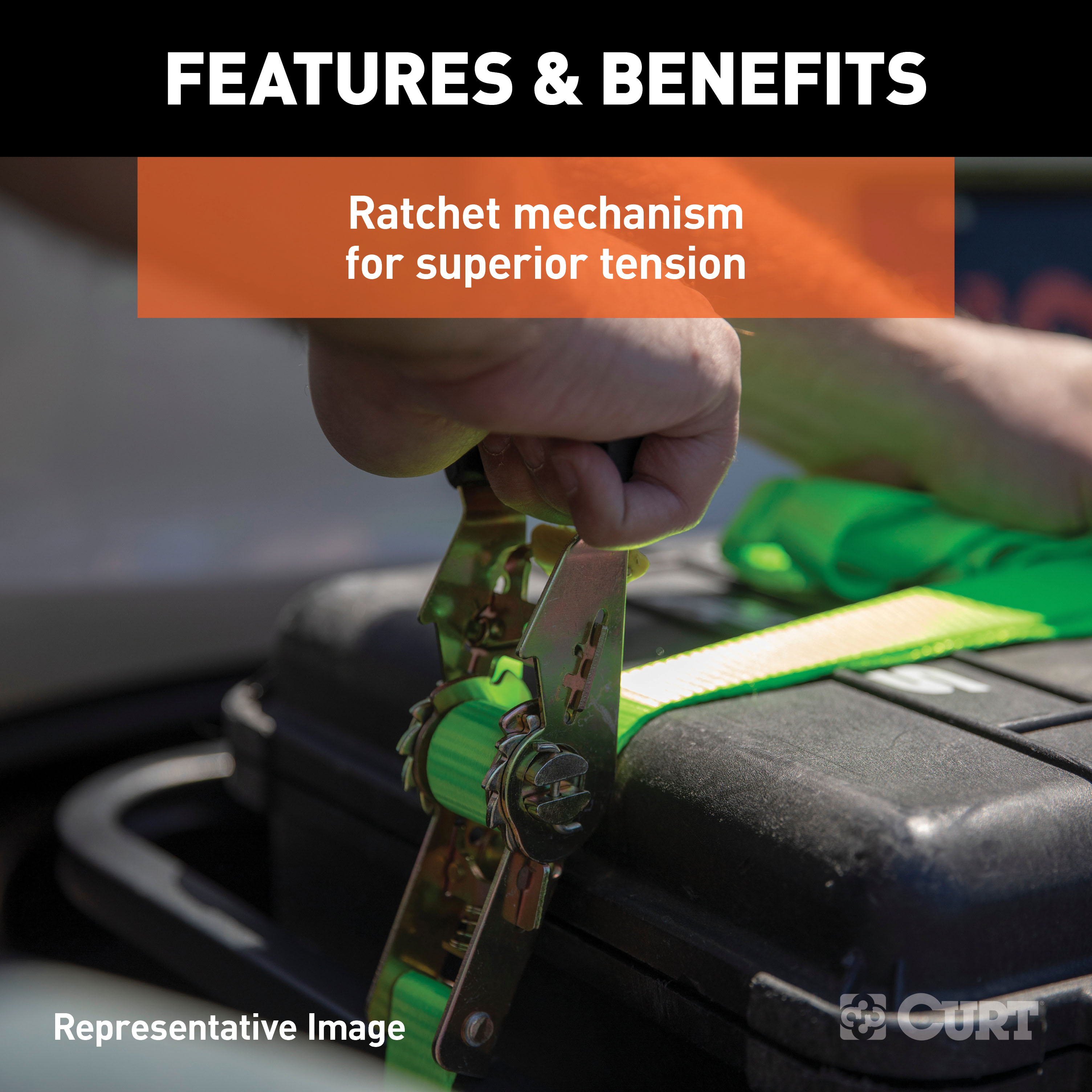 CURT 83028 1-Inch x 16-Foot Lime Green Nylon Ratchet Straps, 3,300 lbs. Break Strength, 2-Pack thumbnail 3