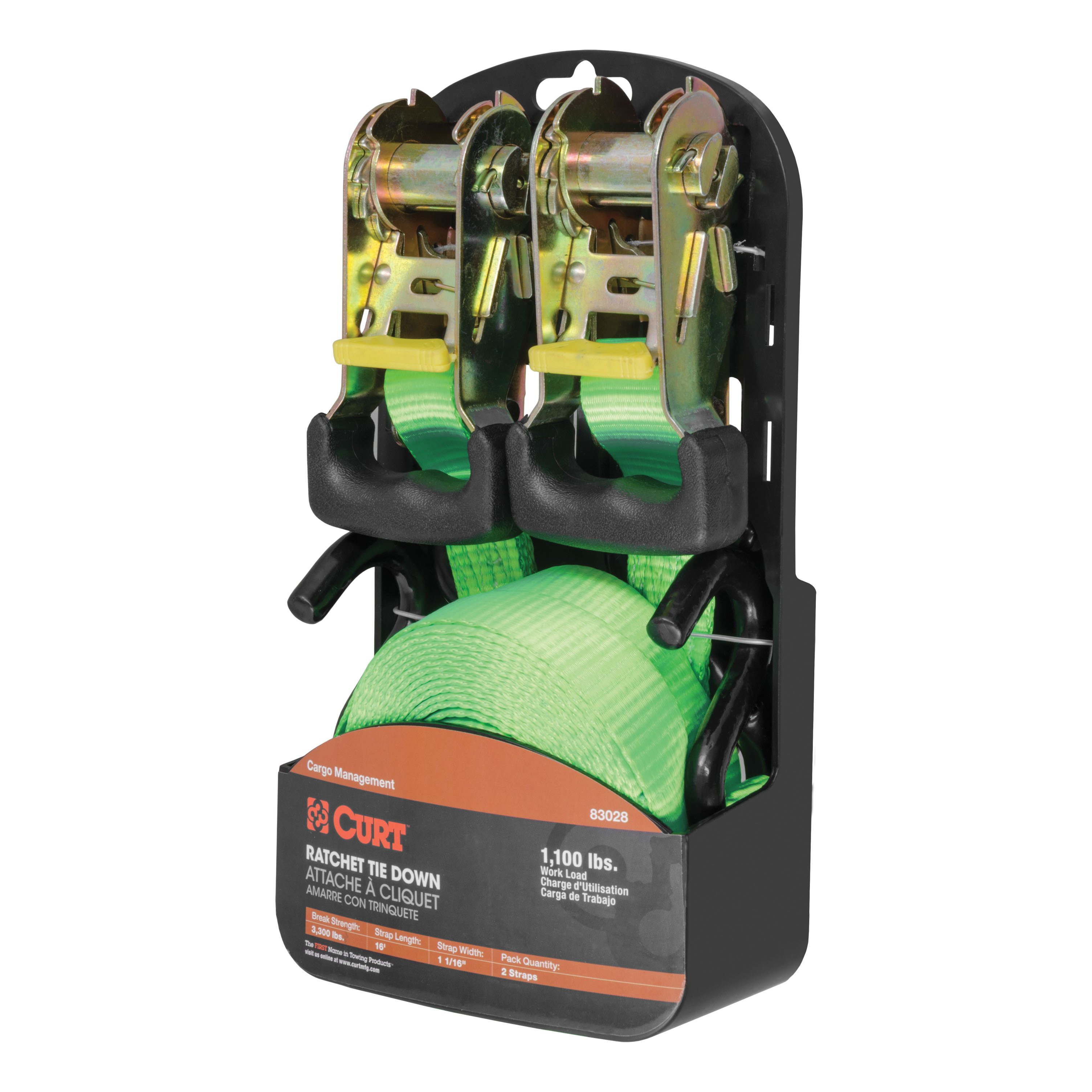 CURT 83028 1-Inch x 16-Foot Lime Green Nylon Ratchet Straps, 3,300 lbs. Break Strength, 2-Pack thumbnail 6