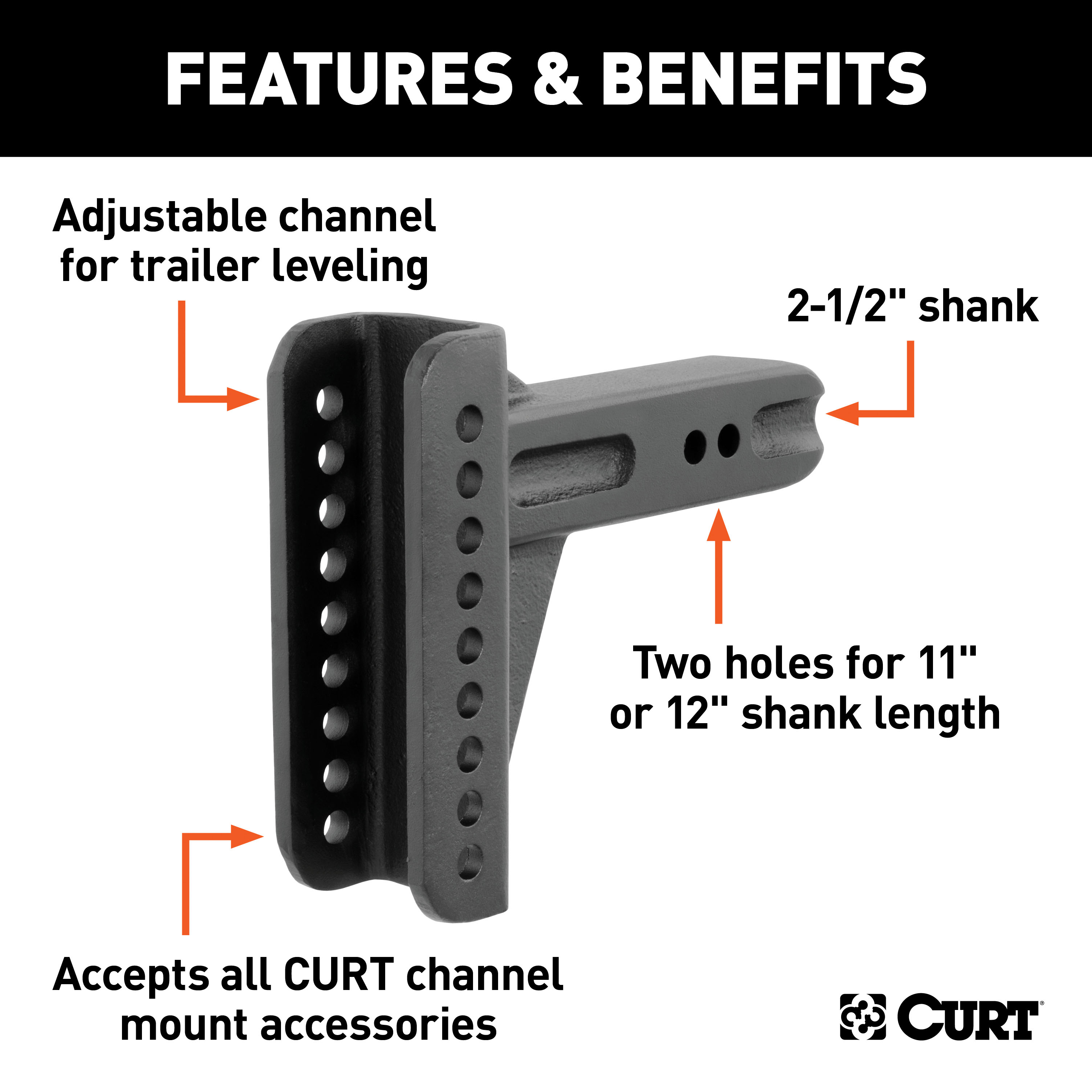 CURT 45917 Replacement Shank for Adjustable Trailer Hitch Ball Mount #45902 or #45908, Fits 2-1/2-Inch Receiver thumbnail 1