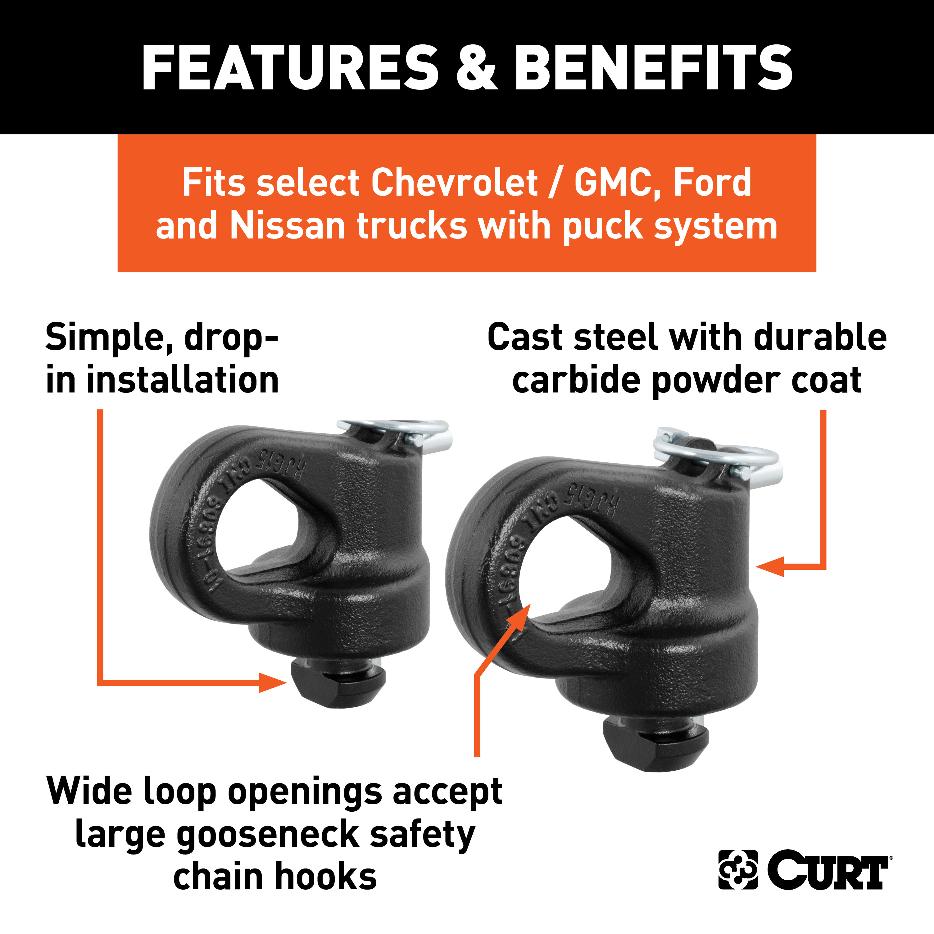 CURT 60691 OEM Puck System Gooseneck Safety Chain Anchors, 30K, Fits Select Silverado, Sierra 2500, 3500 HD, F-250, F-350, Nissan Titan XD thumbnail 1