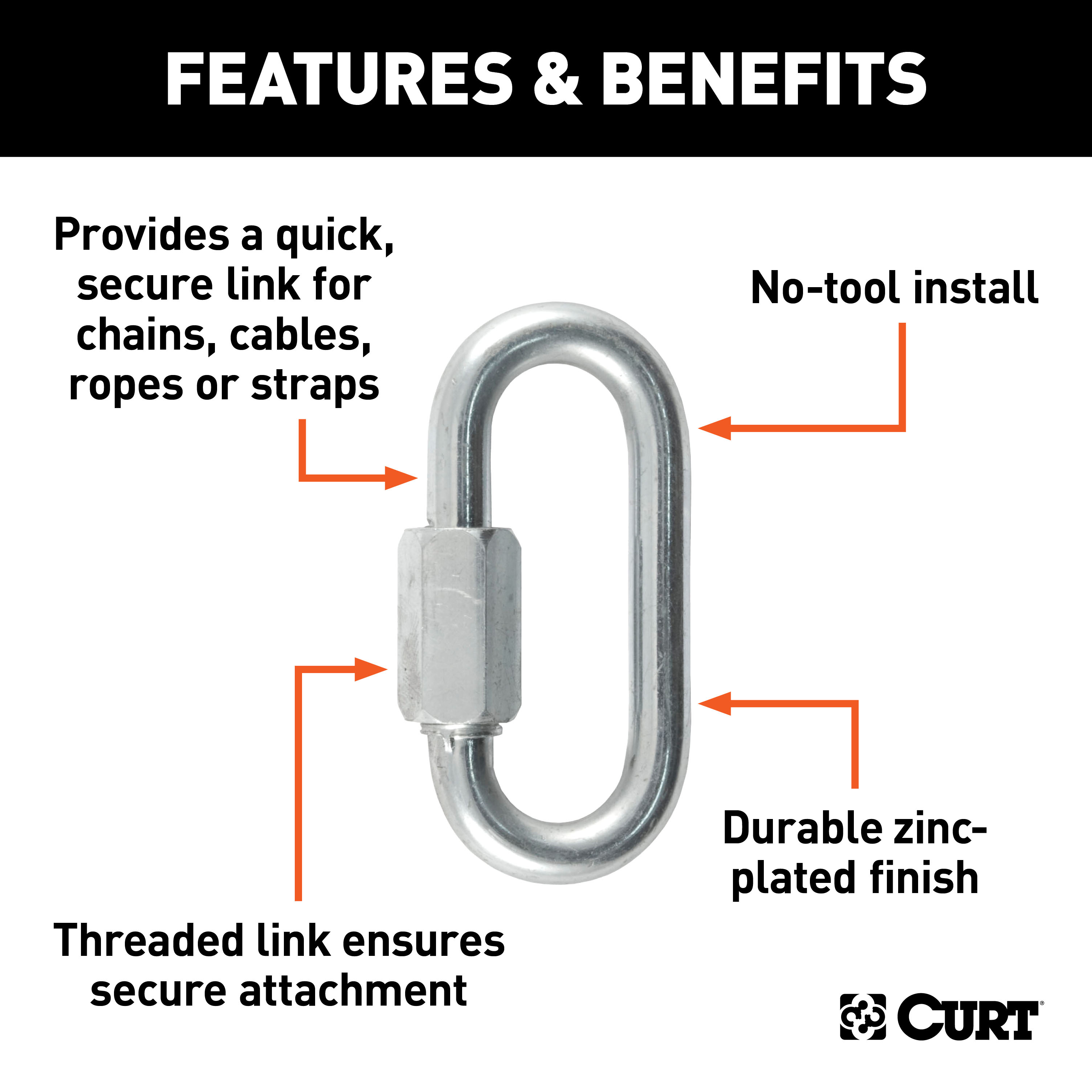 CURT 82901 Threaded Quick Link Trailer Safety Chain Hook Carabiner Clip, 5/16-Inch Diameter, 8,800 lbs Break Strength thumbnail 1