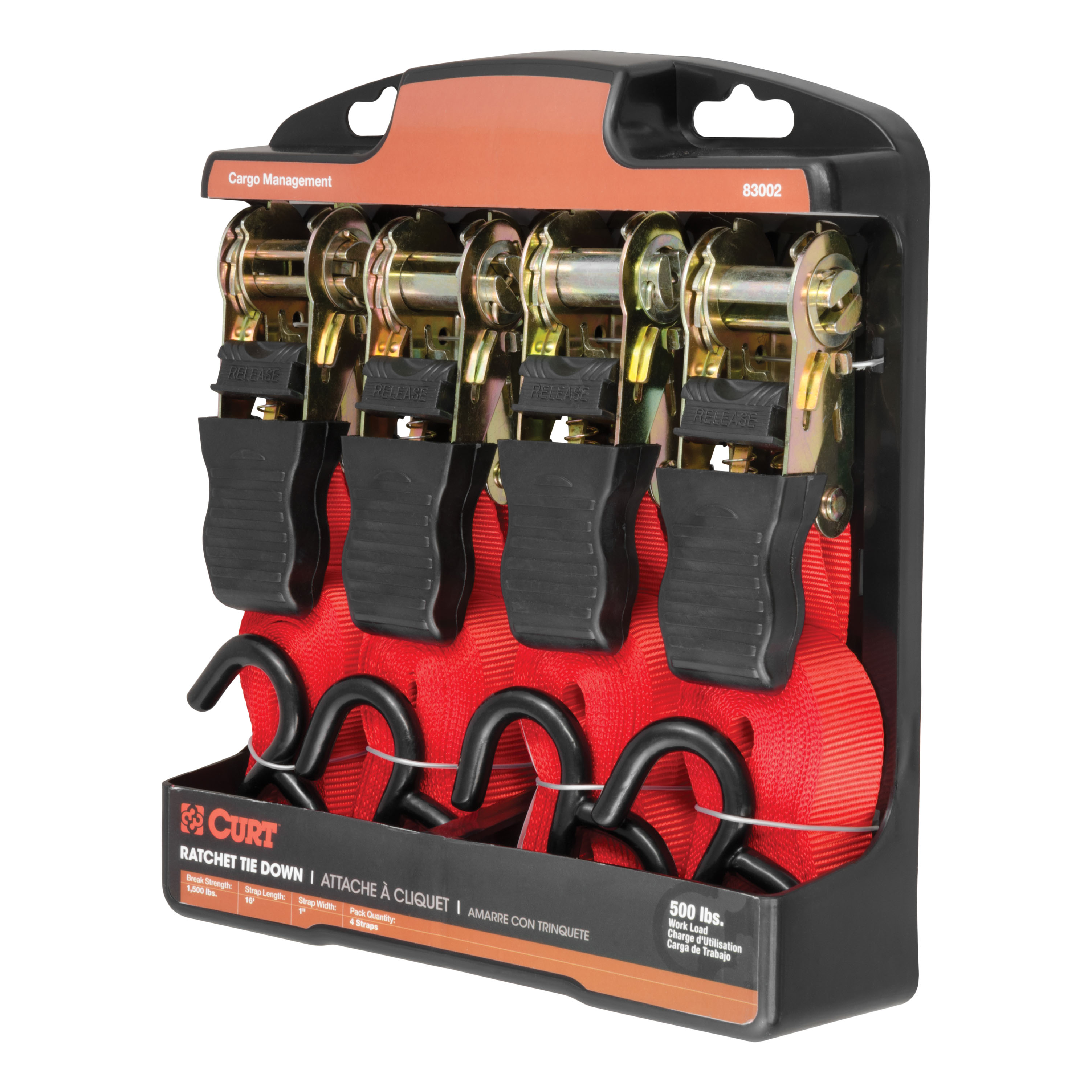 CURT 83002 1-Inch x 16-Foot Red Nylon Ratchet Straps, 1,500 lbs. Break Strength, 4-Pack thumbnail 6
