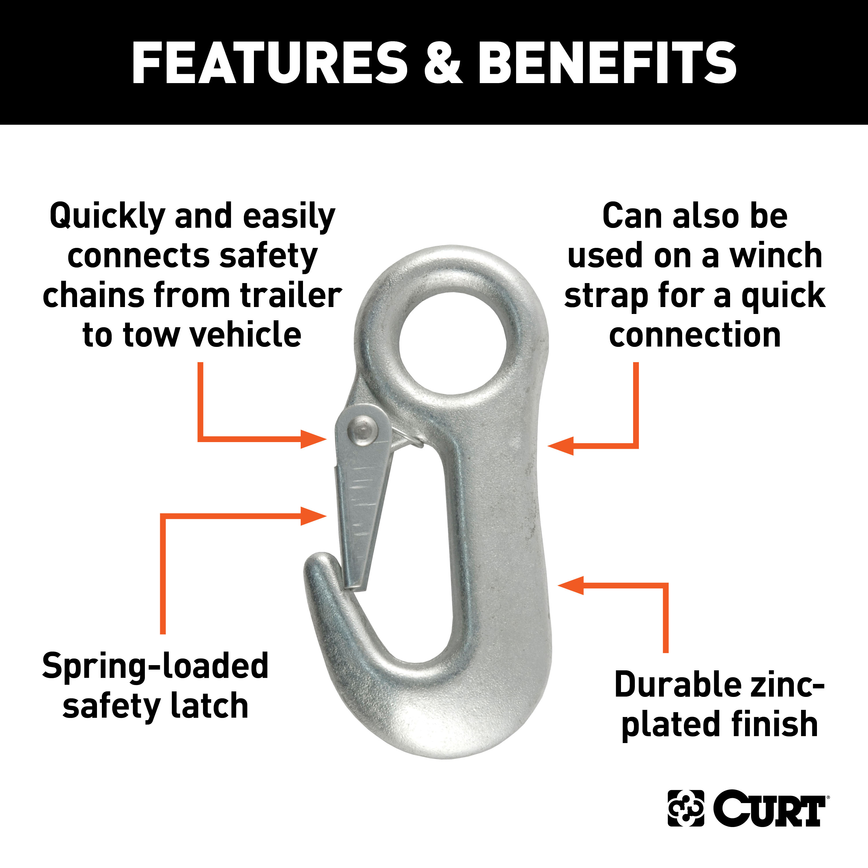 CURT 81360 Snap Hook Trailer Safety Chain Hook Carabiner Clip, 5/8-Inch Diameter Eye, 3,500 lbs thumbnail 1