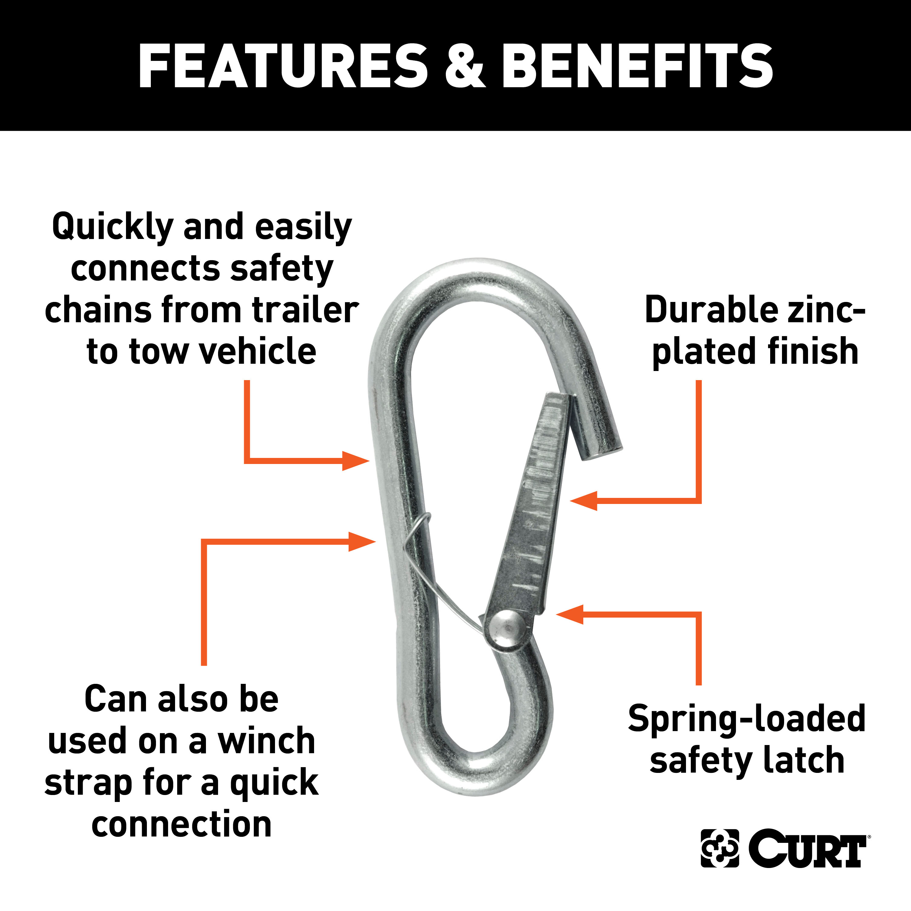 CURT 81261 Snap Hook Trailer Safety Chain Hook Carabiner Clip, 3/8-Inch Diameter, 2,000 lbs thumbnail 1