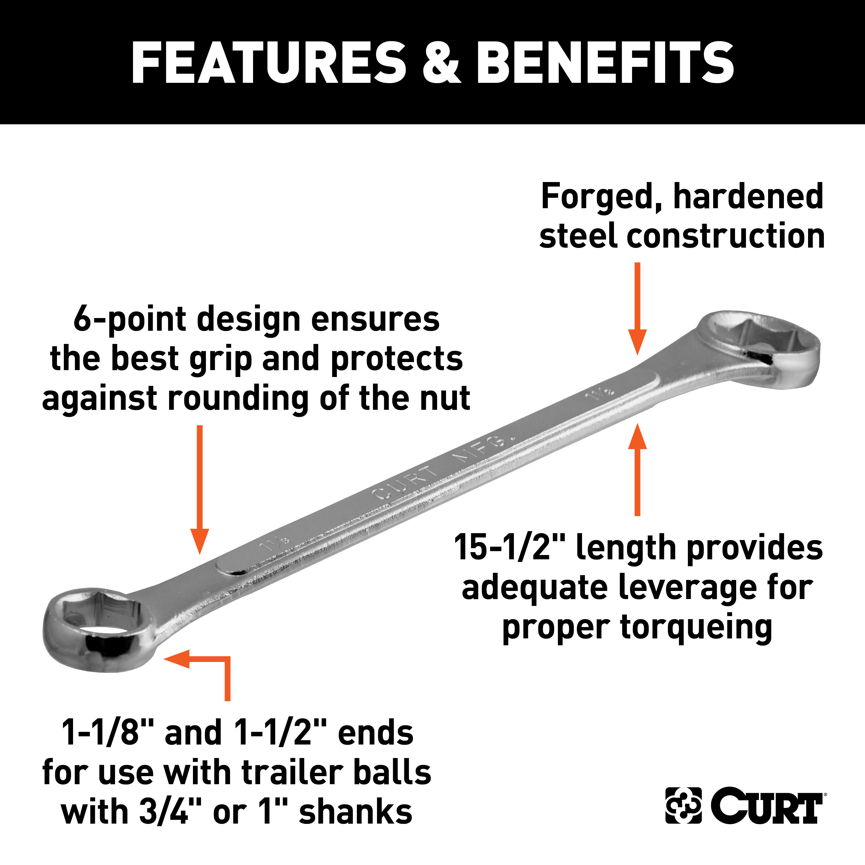 CURT 20001 Box End Wrench, 1-1/8, 1-1/2-Inch Openings, Torque Trailer Hitch Balls with 3/4 or 1-Inch Diameter Shank thumbnail 1