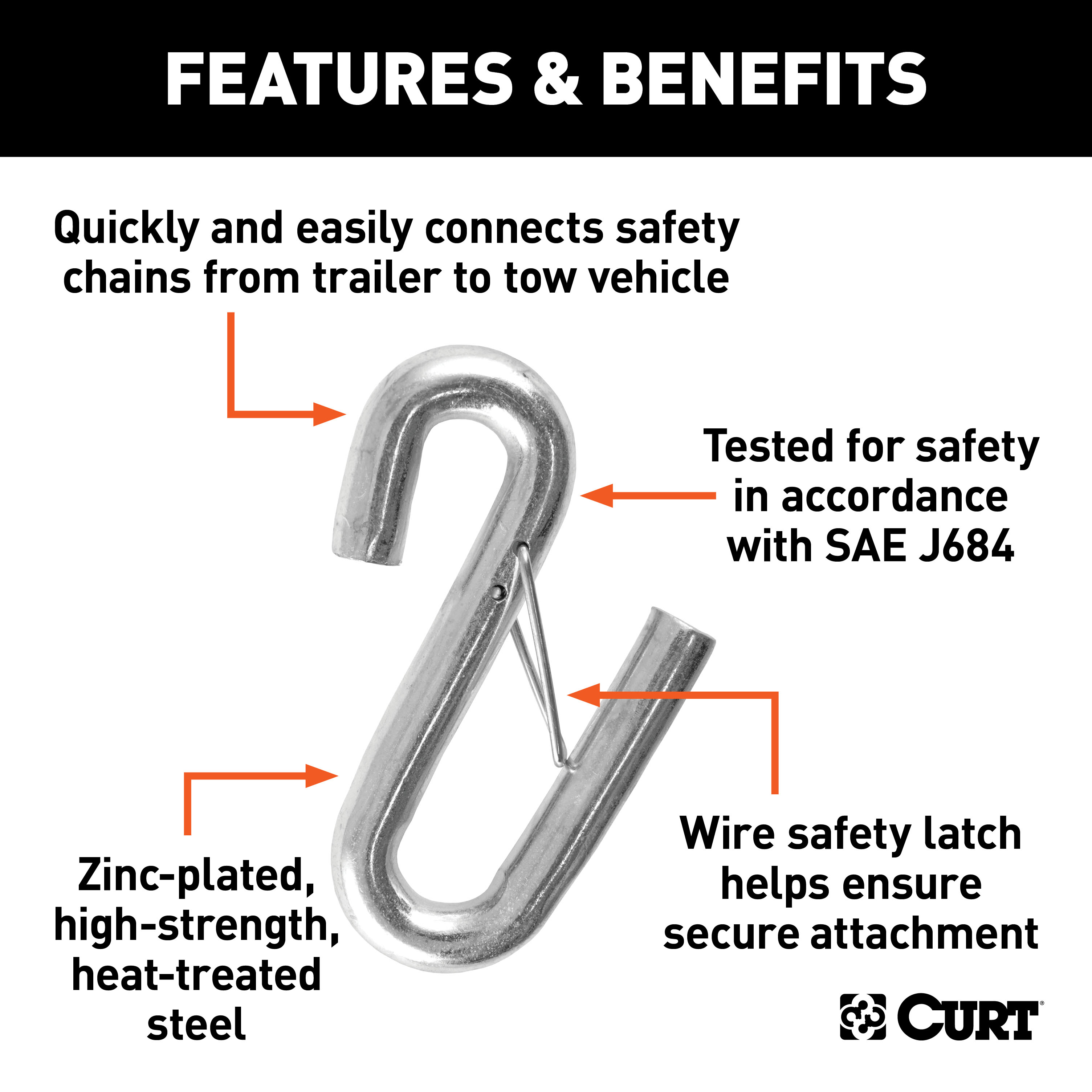 CURT 81830 17/32-Inch Certified Trailer Safety Chain S-Hook with Latch, 7,600 lbs thumbnail 1