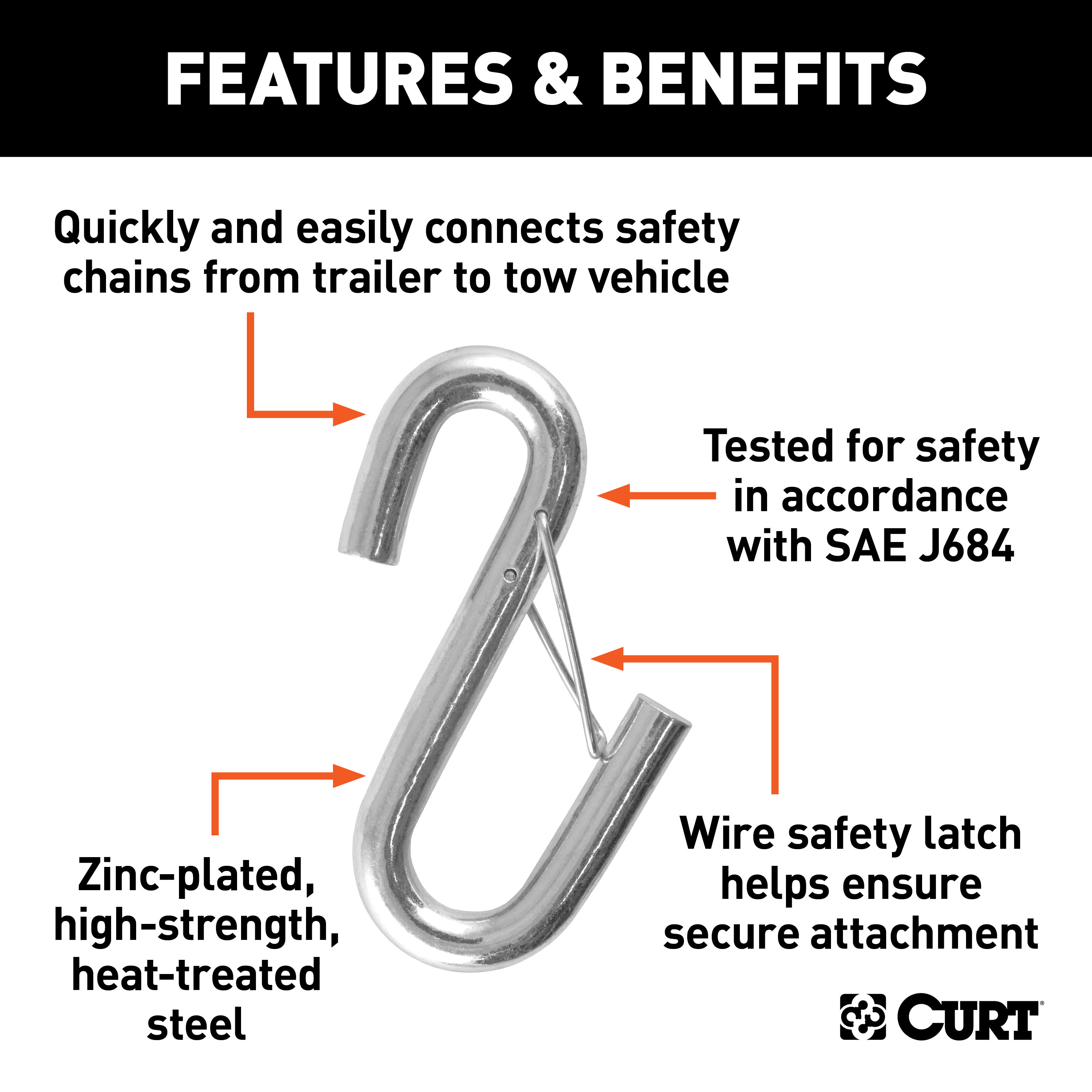 CURT 81840 13/32-Inch Certified Trailer Safety Chain S-Hook with Latch, 3,500 lbs thumbnail 1