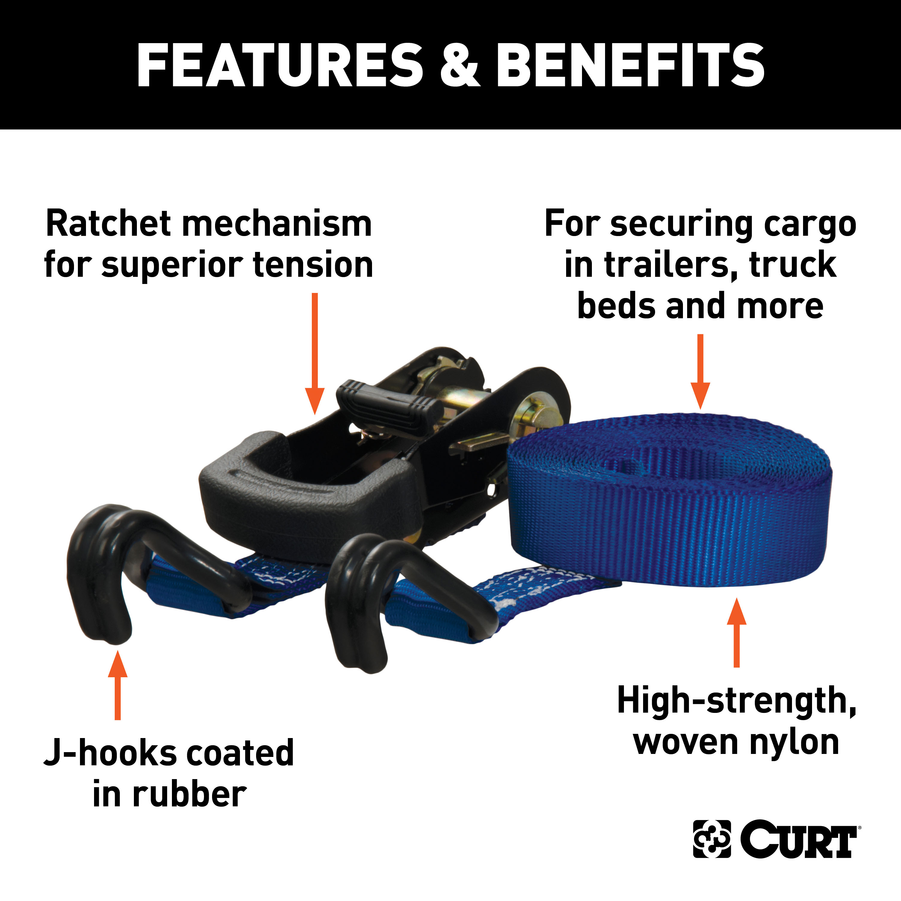CURT 83019 1-Inch x 16-Foot Blue Nylon Ratchet Strap, 2,200 lbs. Break Strength thumbnail 1