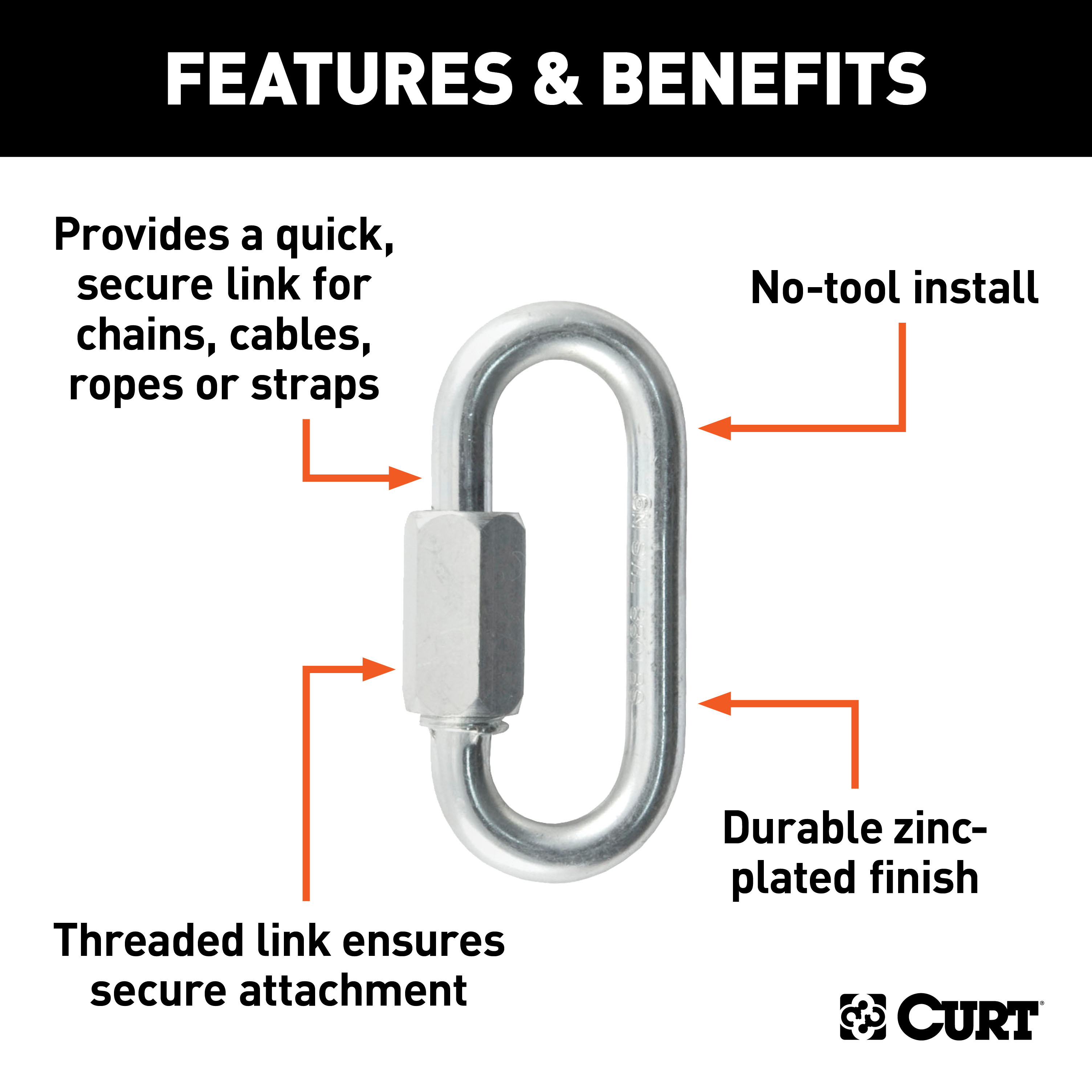 CURT 82611 Threaded Quick Link Trailer Safety Chain Hook Carabiner Clip, 1/4-Inch Diameter, 4,400 lbs Break Strength thumbnail 1