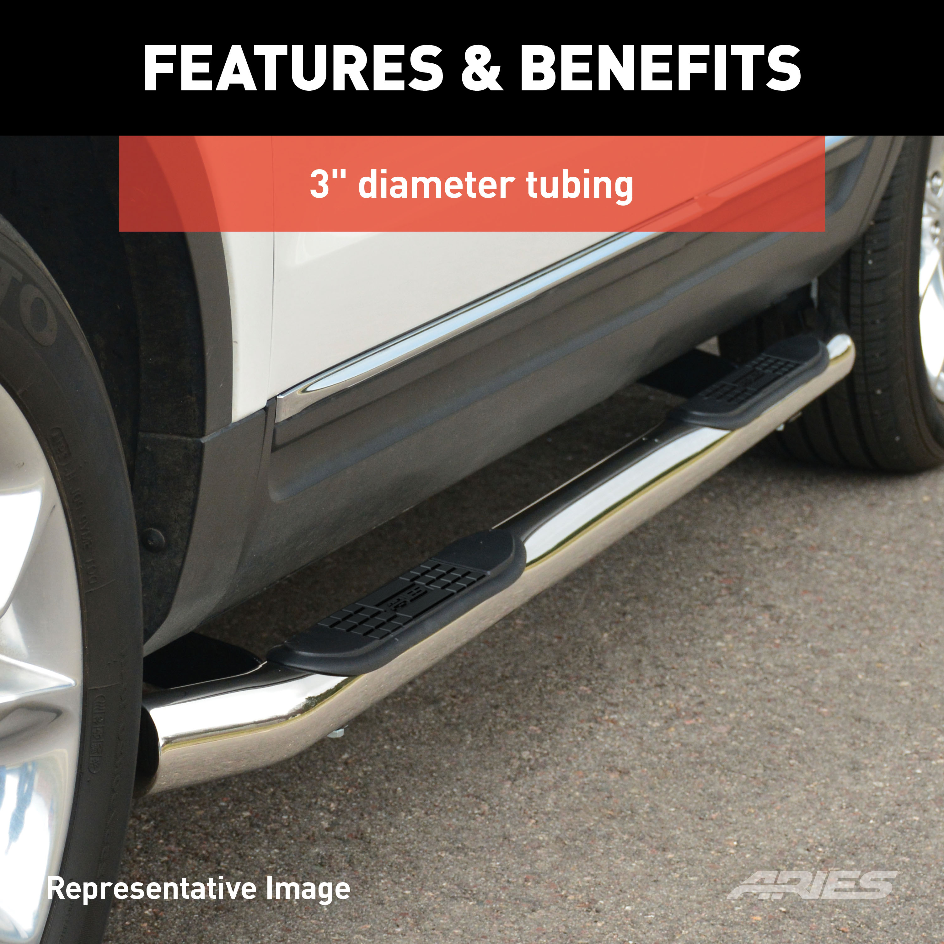 ARIES 202003-2 3-Inch Round Polished Stainless Steel Nerf Bars, No-Drill, Fits Select Toyota Tundra thumbnail 3