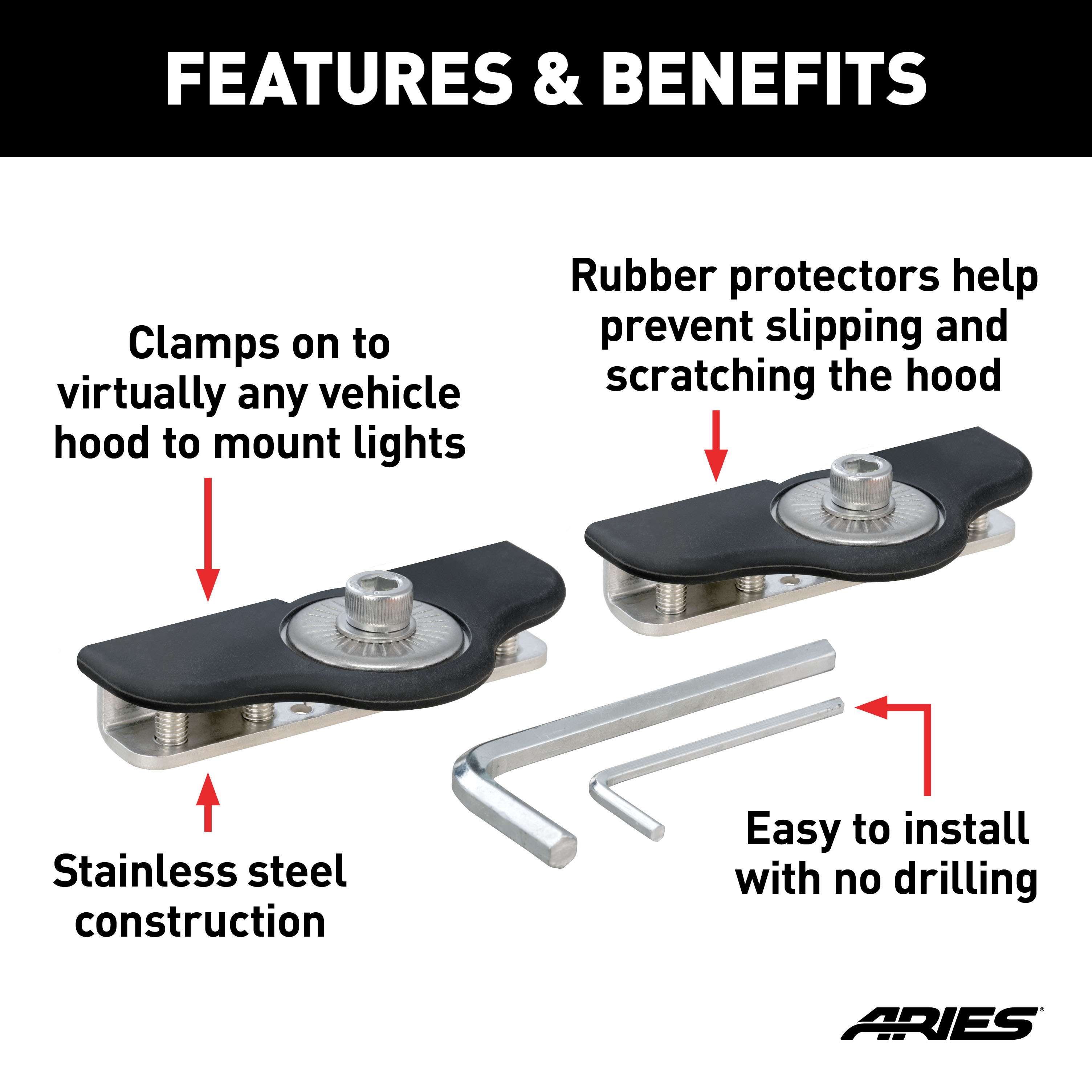 ARIES 1110315 Universal Brackets for Hood Mounted Lights, Clamp-On LED, 2-Pack thumbnail 1