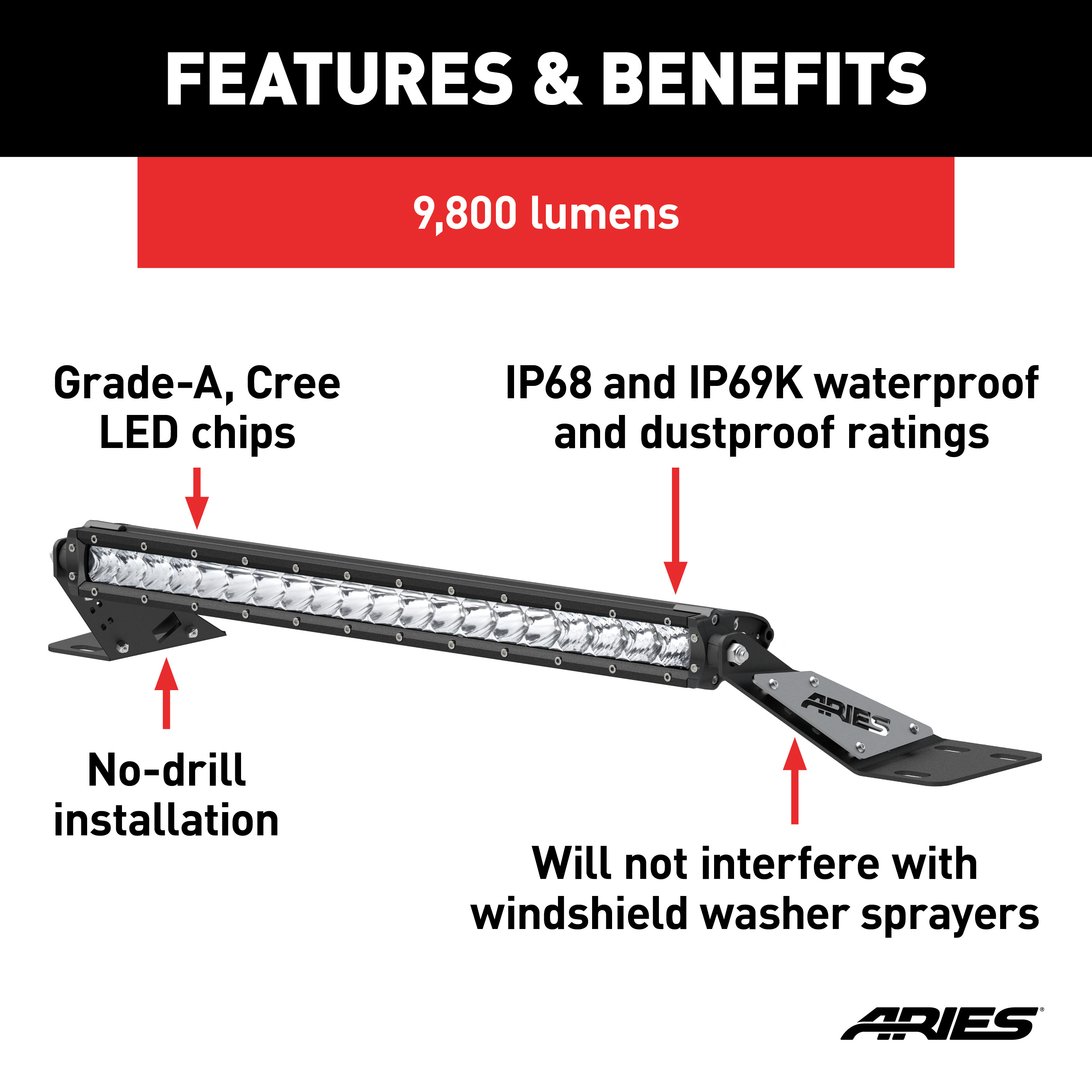ARIES 1501302 20-Inch LED Light Bar for Jeep Wrangler TJ, Hood Mount Brackets, 9,800-Lumen Combo Beam thumbnail 3