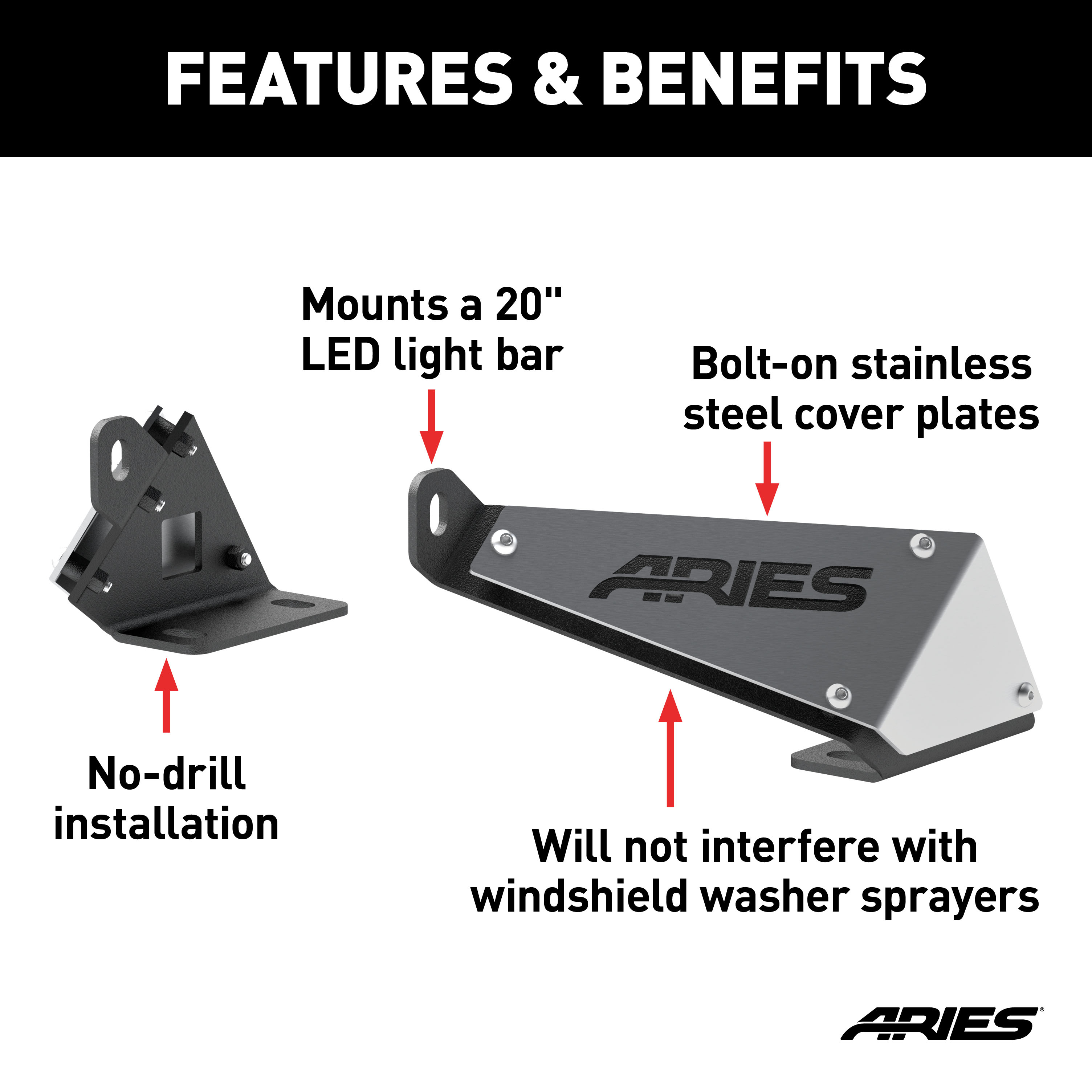 ARIES 15912 Jeep Wrangler JK Hood Light Brackets, LEDs Sold Separately thumbnail 1