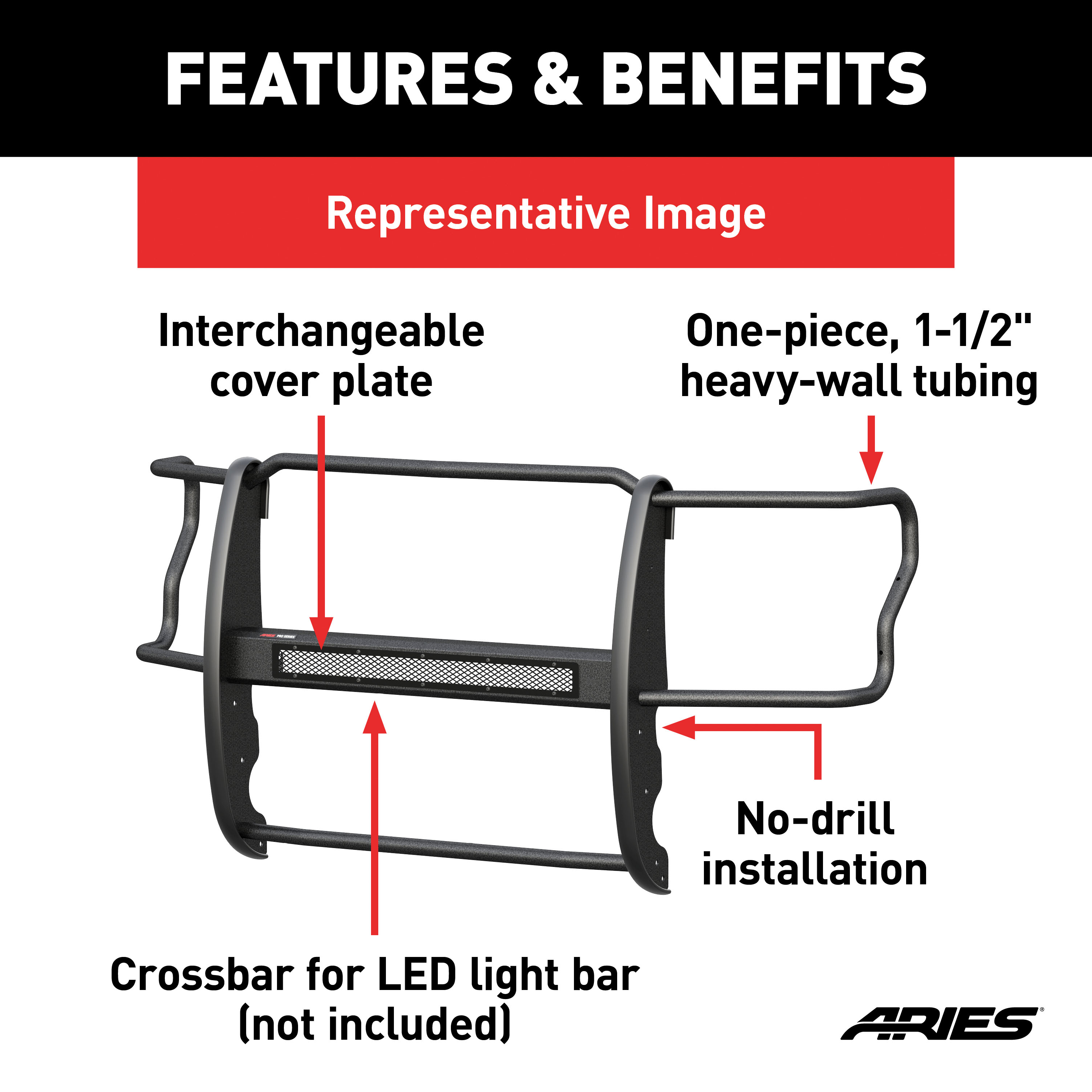 ARIES P2068 Pro Series Black Steel Grille Guard, No-Drill, Select Toyota Tacoma thumbnail 4