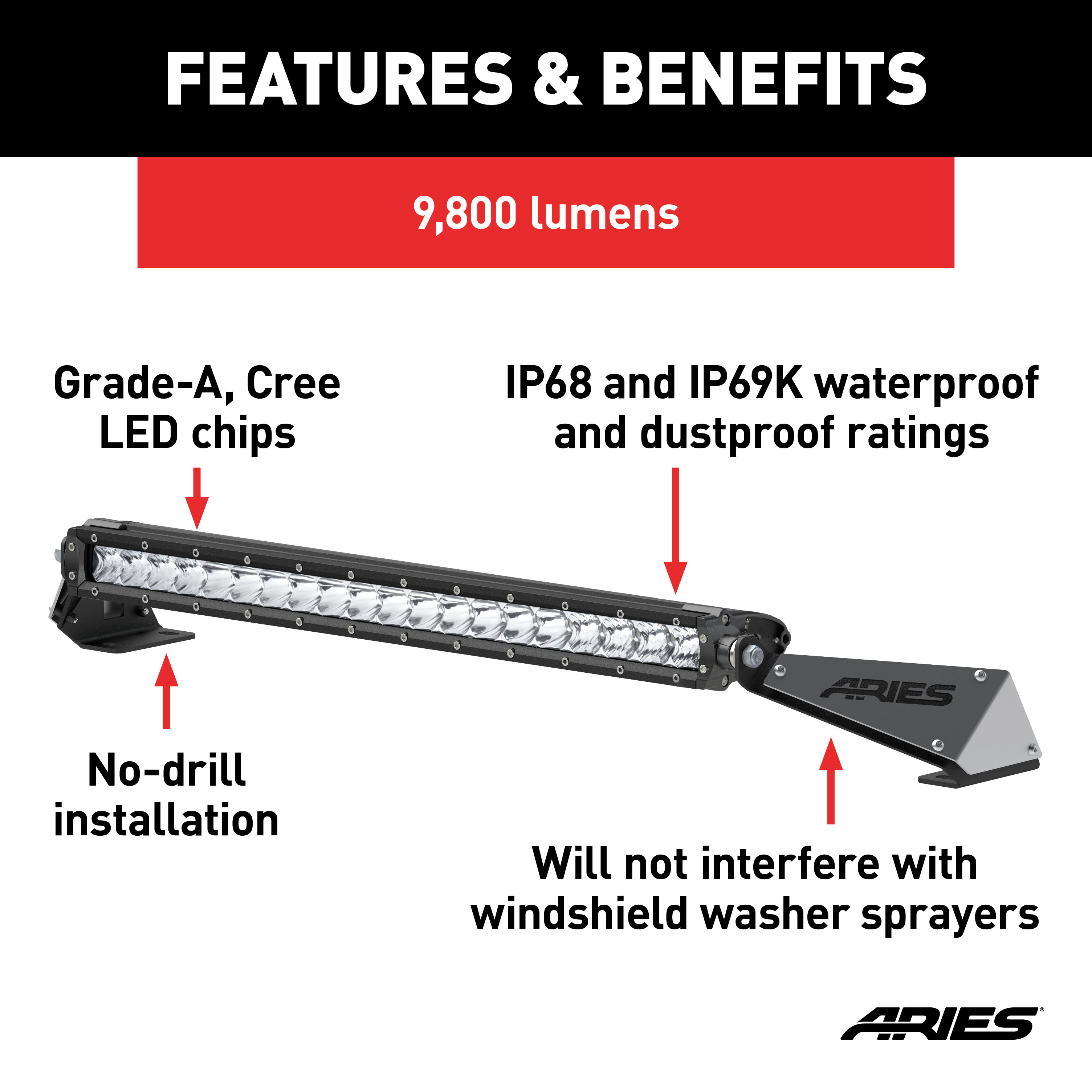 ARIES 1501300 20-Inch LED Light Bar for Jeep Wrangler JK, Hood Mount Brackets, 9,800-Lumen Combo Beam thumbnail 3