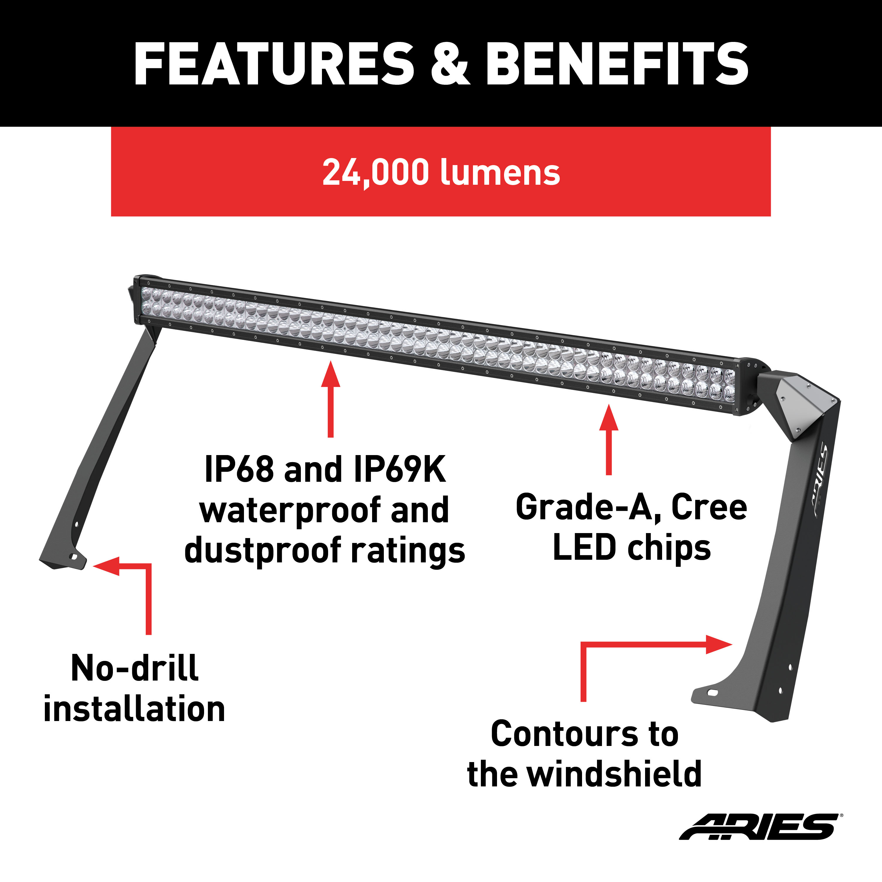 ARIES 1501303 50-Inch LED Light Bar for Jeep Wrangler TJ, Roof Mount Brackets, 24,000-Lumen Combo Beam thumbnail 3