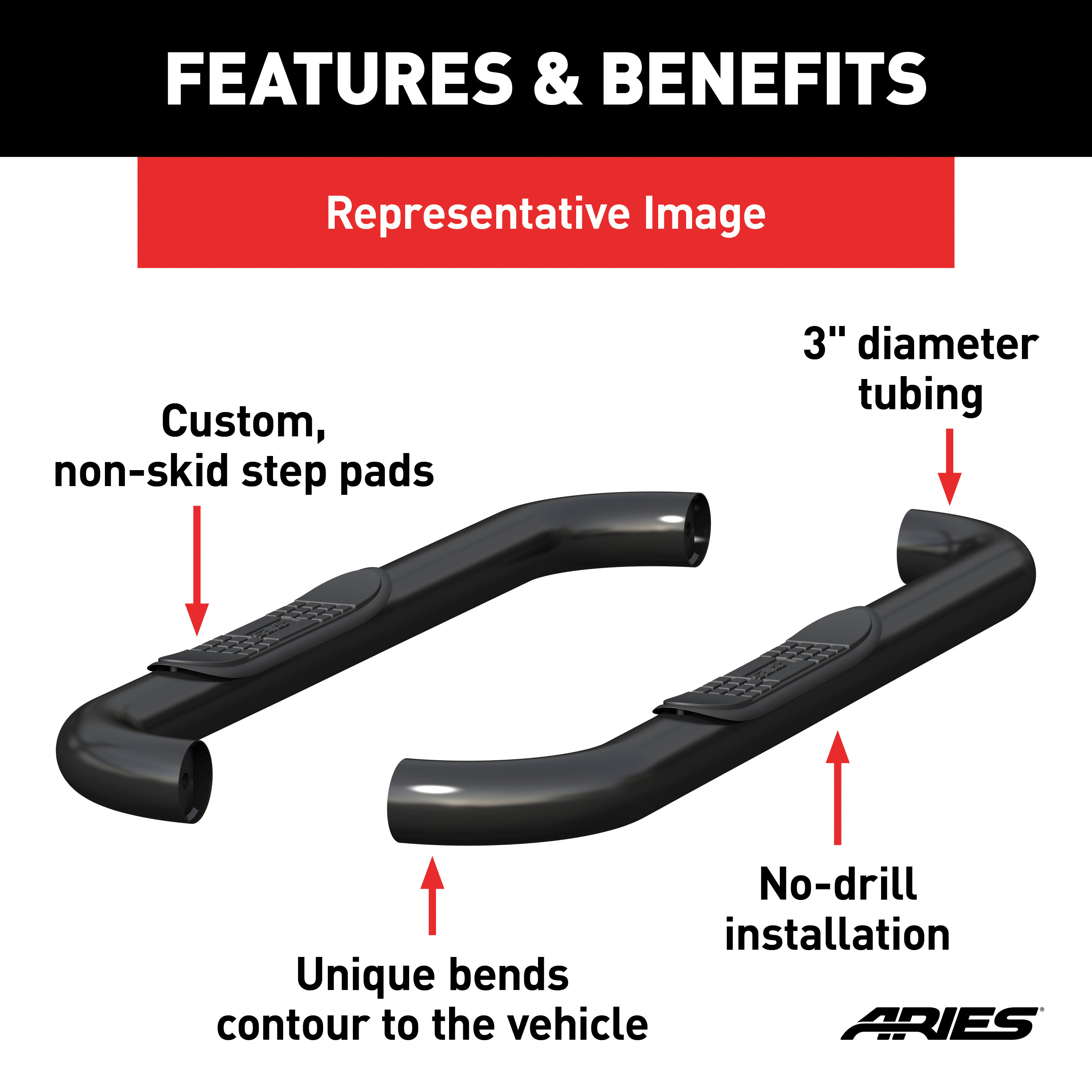 ARIES 205013 3-Inch Round Black Steel Nerf Bars, No-Drill, Fits Select Dodge Ram 1500, 2500, 3500 thumbnail 2