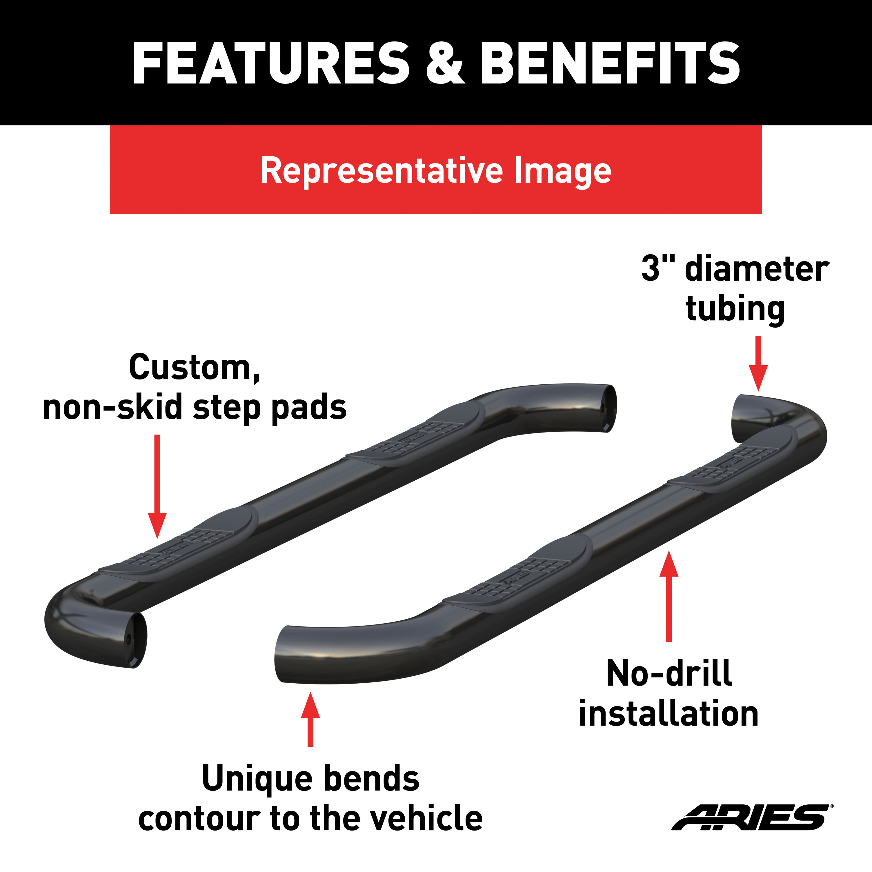 ARIES 203046 3-Inch Round Black Steel Nerf Bars, No-Drill, Fits Select Ford Ranger SuperCrew thumbnail 1
