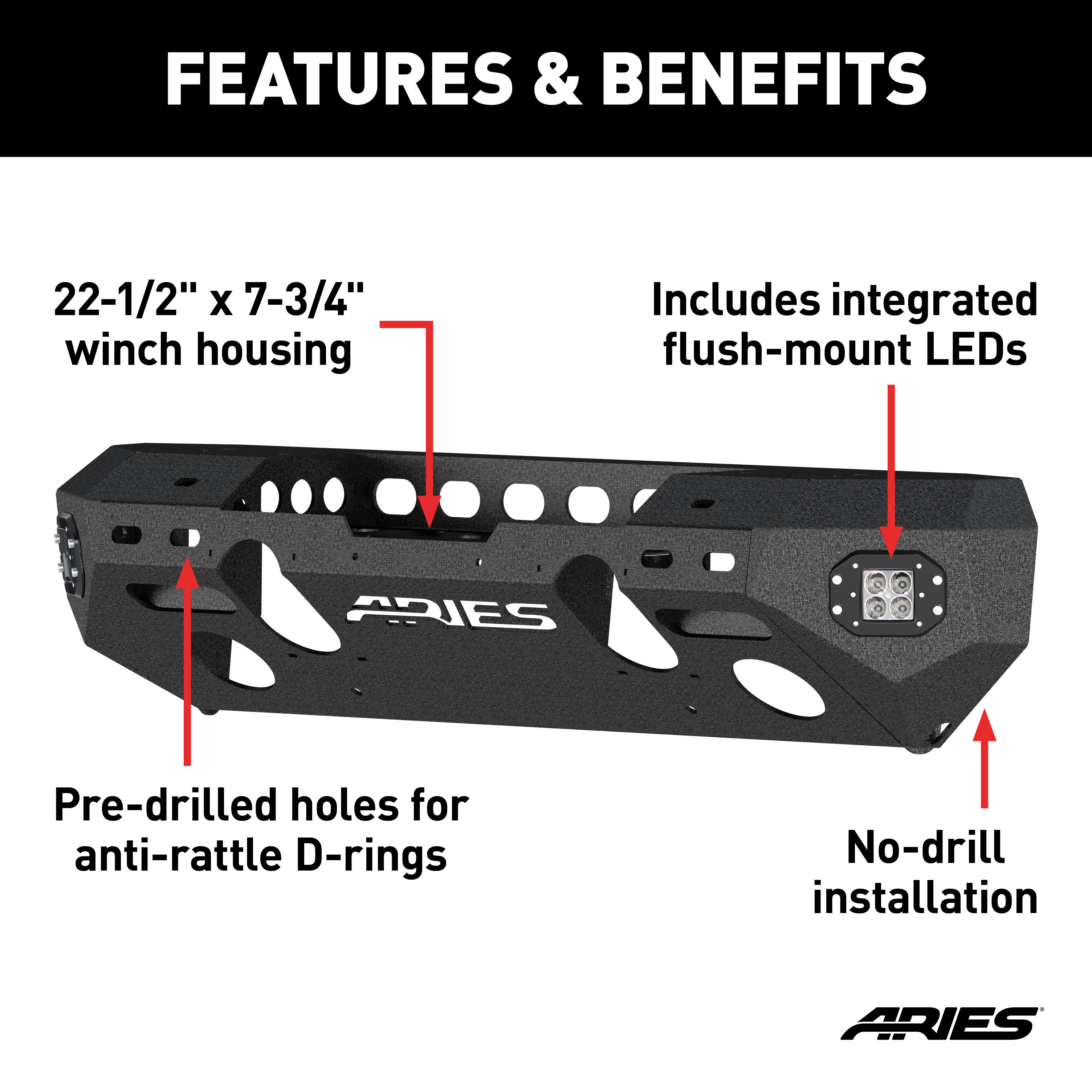 ARIES 2082044 TrailChaser Black Aluminum Front Bumper with LED Lights and Winch Mount, Select Jeep Wrangler JK thumbnail 1