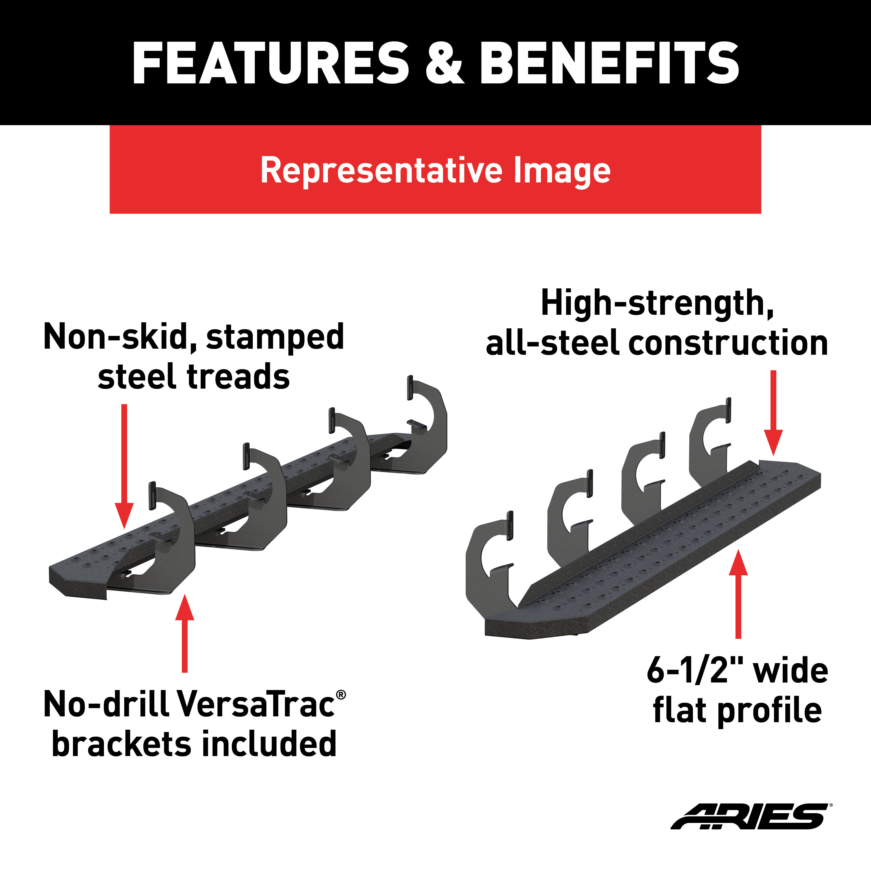 ARIES 2055523 RidgeStep Black Steel 6-1/2 x 75-Inch Truck Running Boards, Select Ford F-250, F-350 Super Duty thumbnail 3