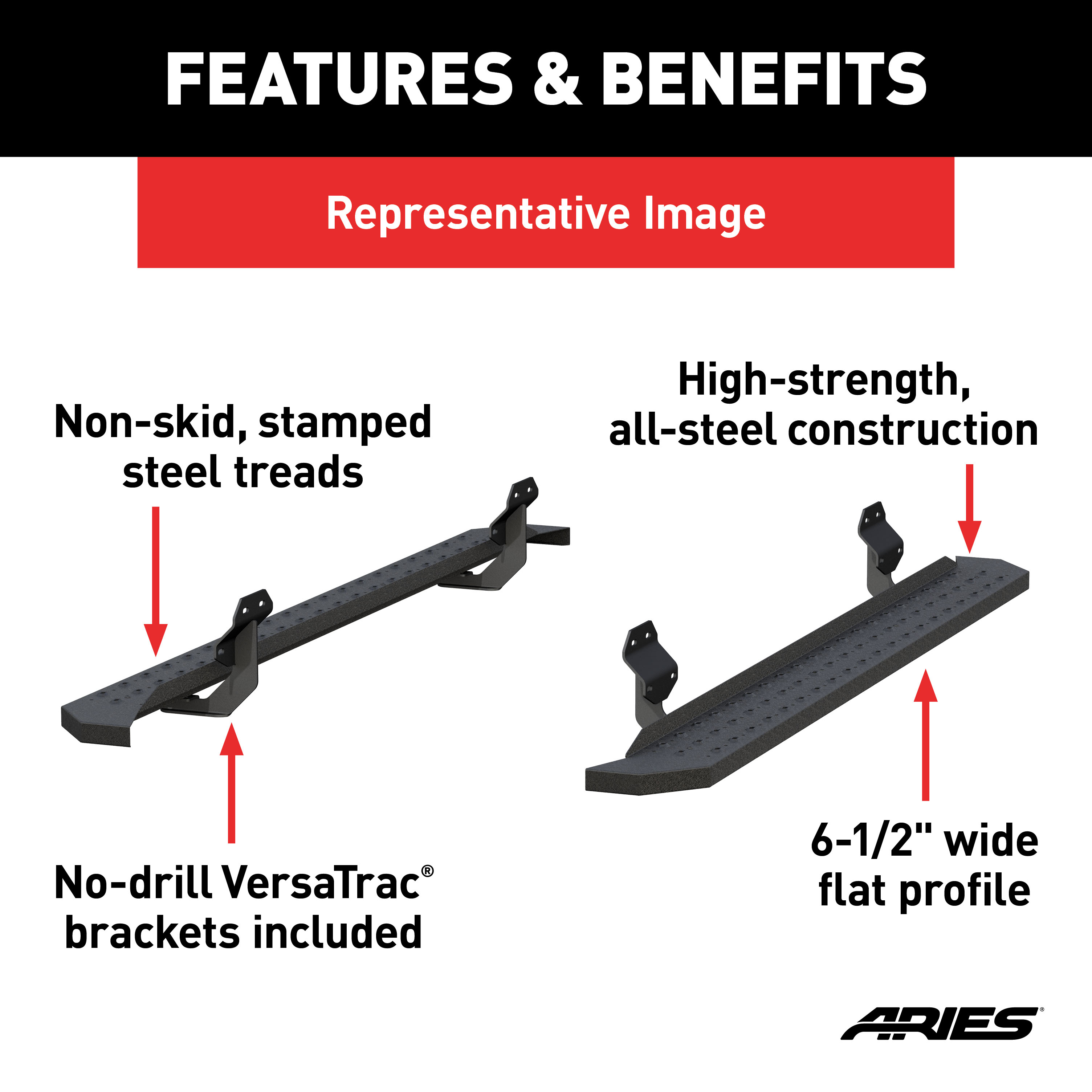 ARIES 2055521 RidgeStep Black Steel 6-1/2 x 85-Inch Truck Running Boards, Select Ford F-150, F-250, F-350, F-450, F-550 Super Duty thumbnail 3