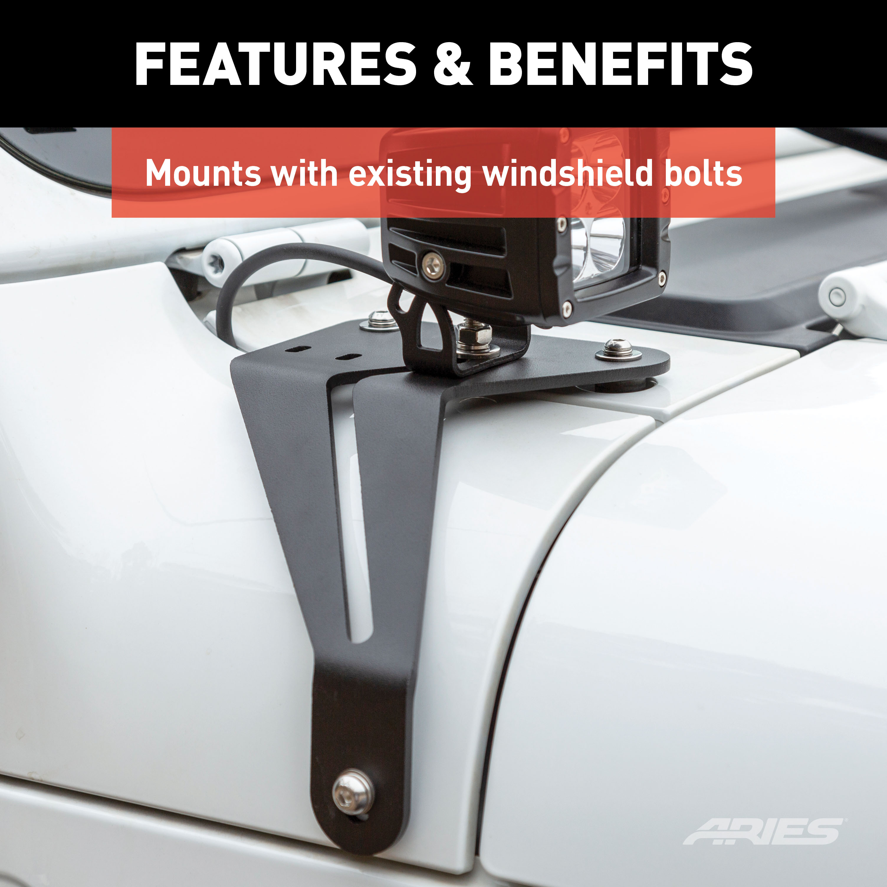 ARIES 1501305 LED Lights for Jeep Wrangler JL, Gladiator, Windshield Brackets, 2-Inch, 2,200-Lumen Spot Beams thumbnail 6