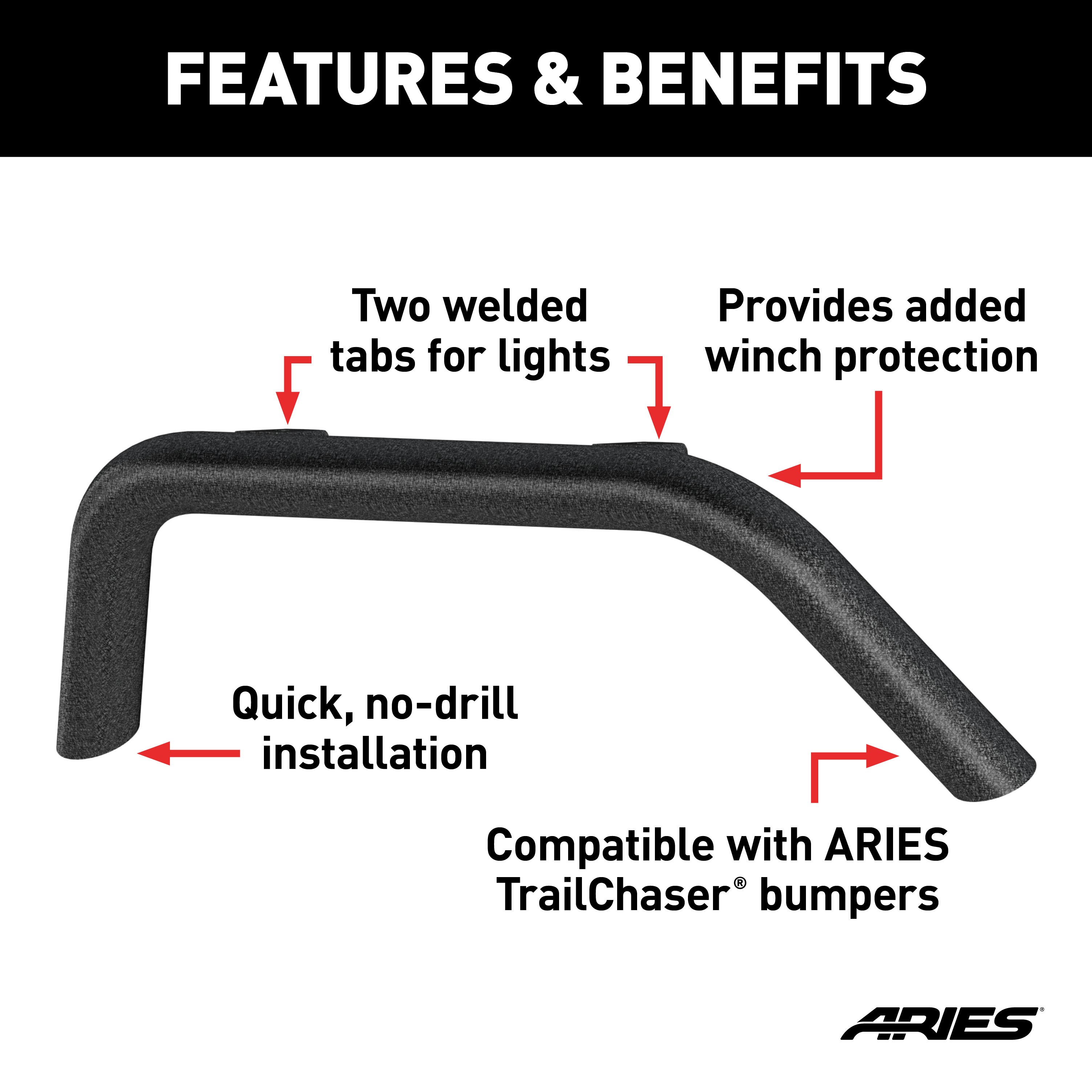 ARIES 2081252 TrailChaser Black Aluminum Front Jeep Bumper Round Center Brush Guard Only thumbnail 1