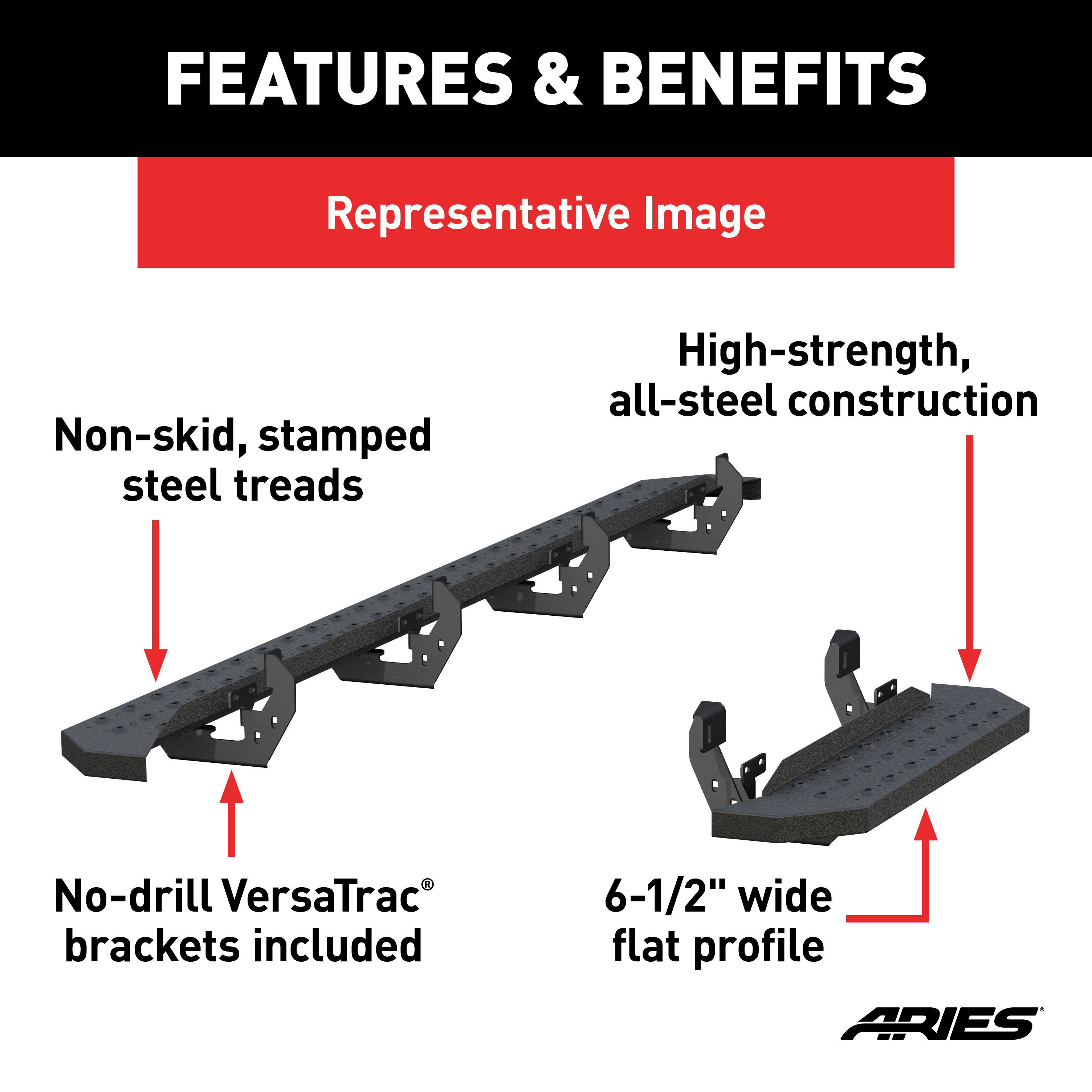 ARIES 2055539 RidgeStep Black Steel 36, 96-Inch Cargo Van Running Boards, Select Ram ProMaster 2500, 3500 thumbnail 3
