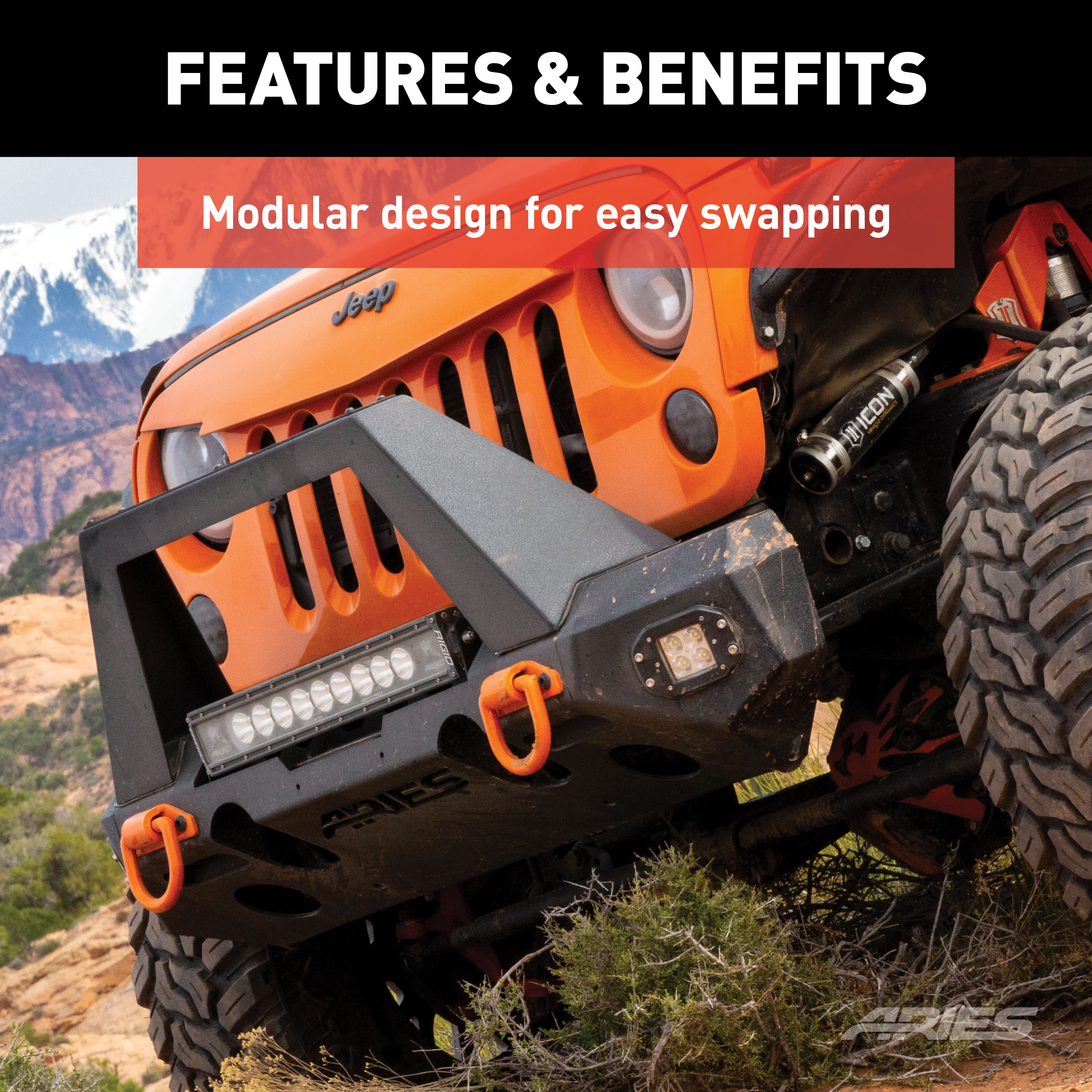 ARIES 2082046 TrailChaser Black Aluminum Front Bumper with LED Lights and Winch Mount, Select Jeep Wrangler JK thumbnail 3