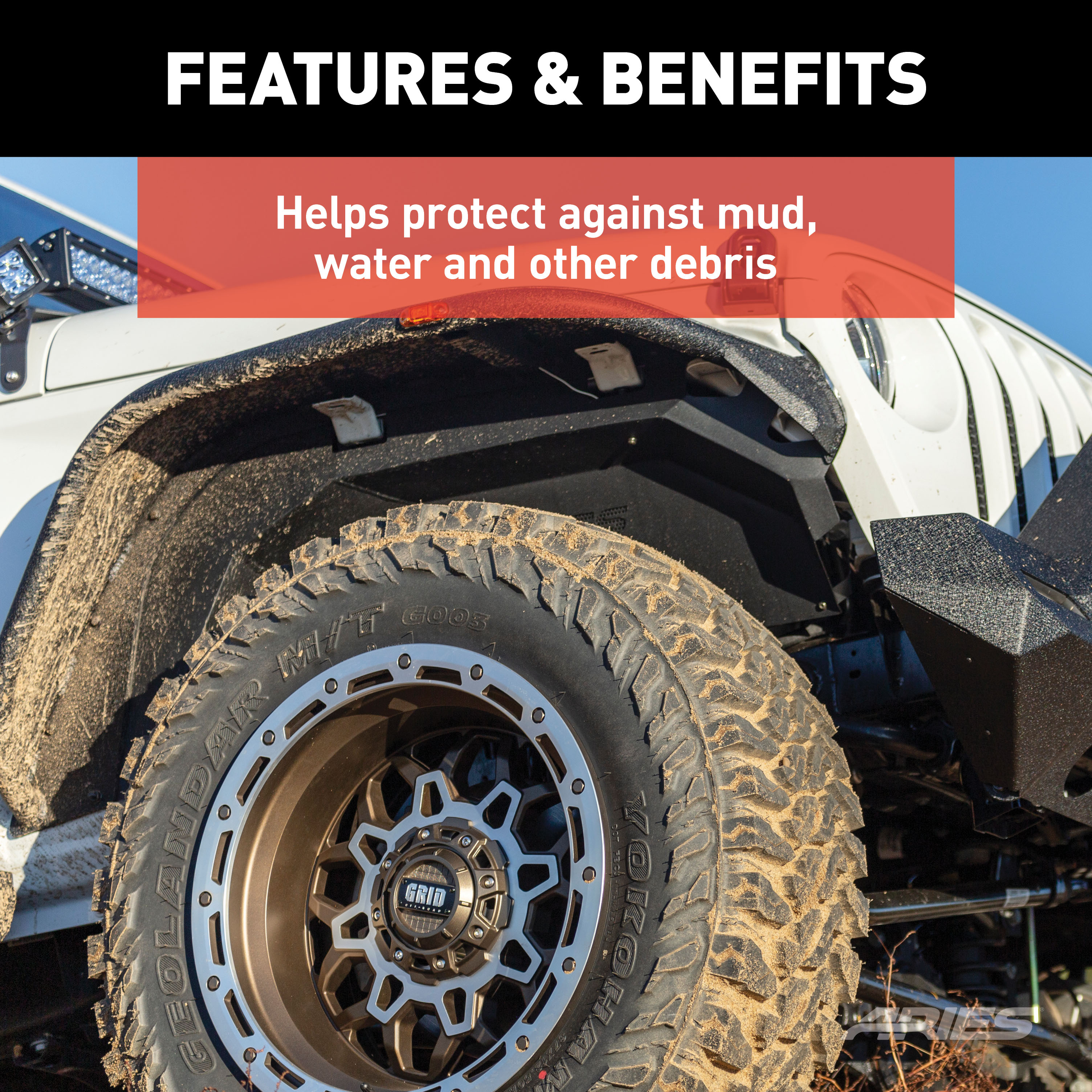 ARIES 2500650 Black Aluminum Front and Rear Jeep Wrangler JL Inner Fender Liner Wheel Well Guard Covers thumbnail 2