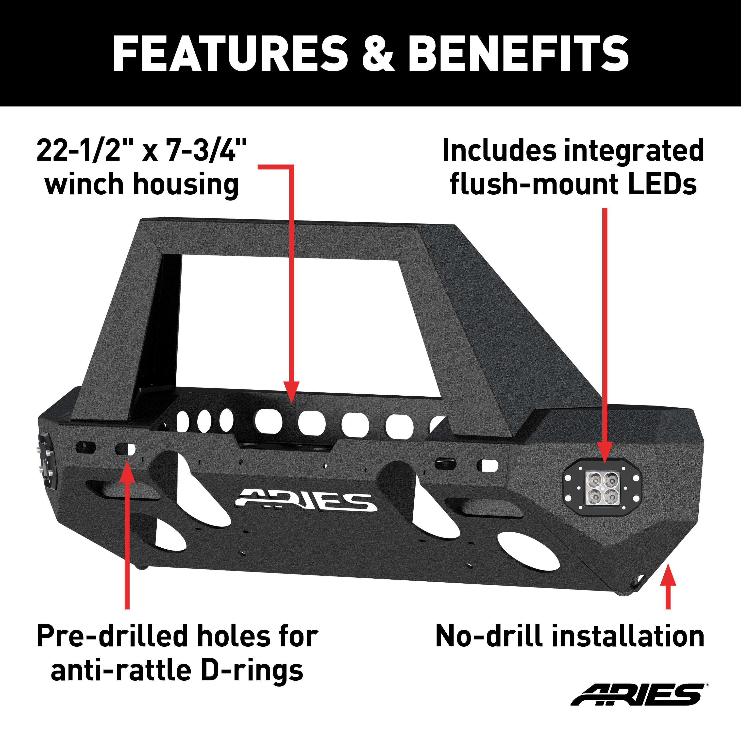 ARIES 2082095 TrailChaser Black Aluminum Front Bumper with LED Lights and Winch Mount, Select Jeep Wrangler JL, Gladiator thumbnail 1