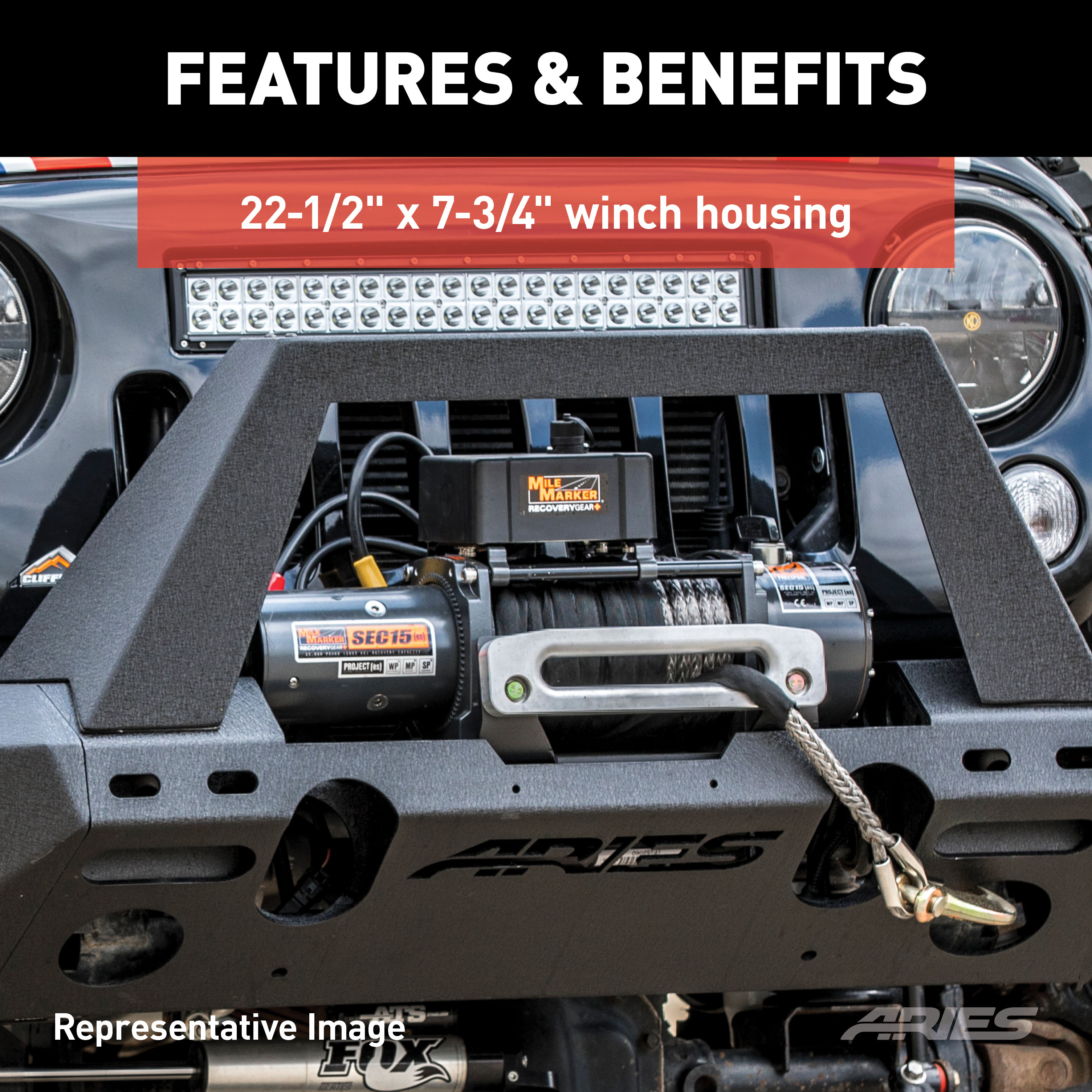 ARIES 2082095 TrailChaser Black Aluminum Front Bumper with LED Lights and Winch Mount, Select Jeep Wrangler JL, Gladiator thumbnail 4