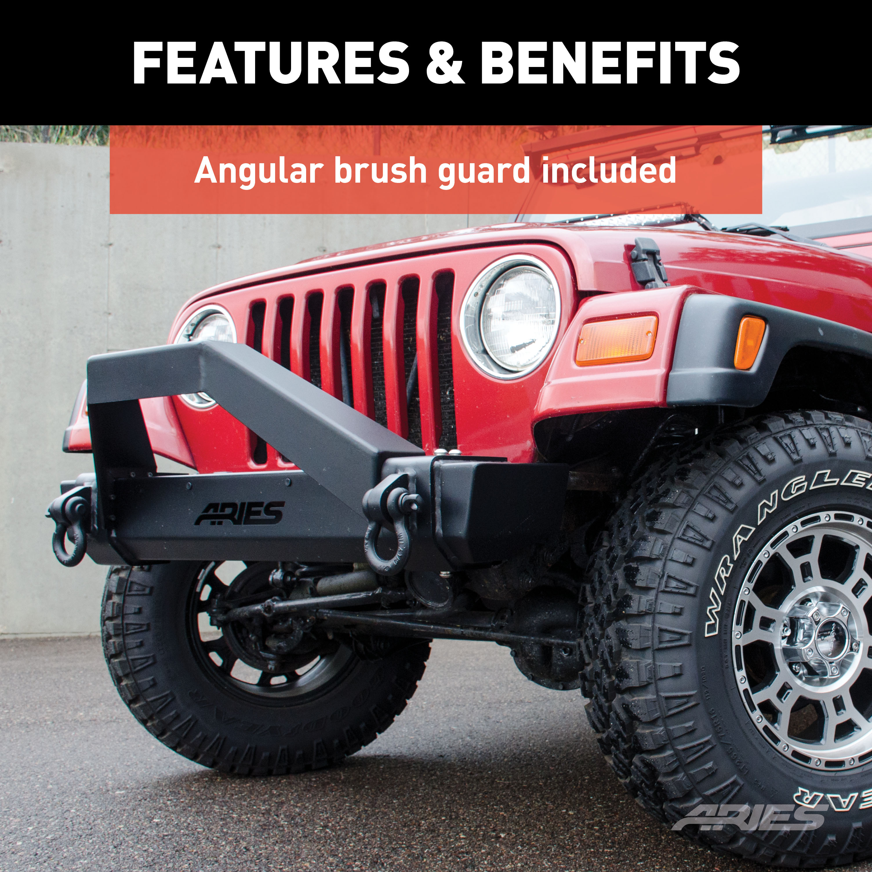 ARIES 2186001 TrailCrusher Black Steel Jeep Wrangler TJ Front Bumper with Brush Guard, 9,500 lbs Winch and Shackle Ratings thumbnail 5