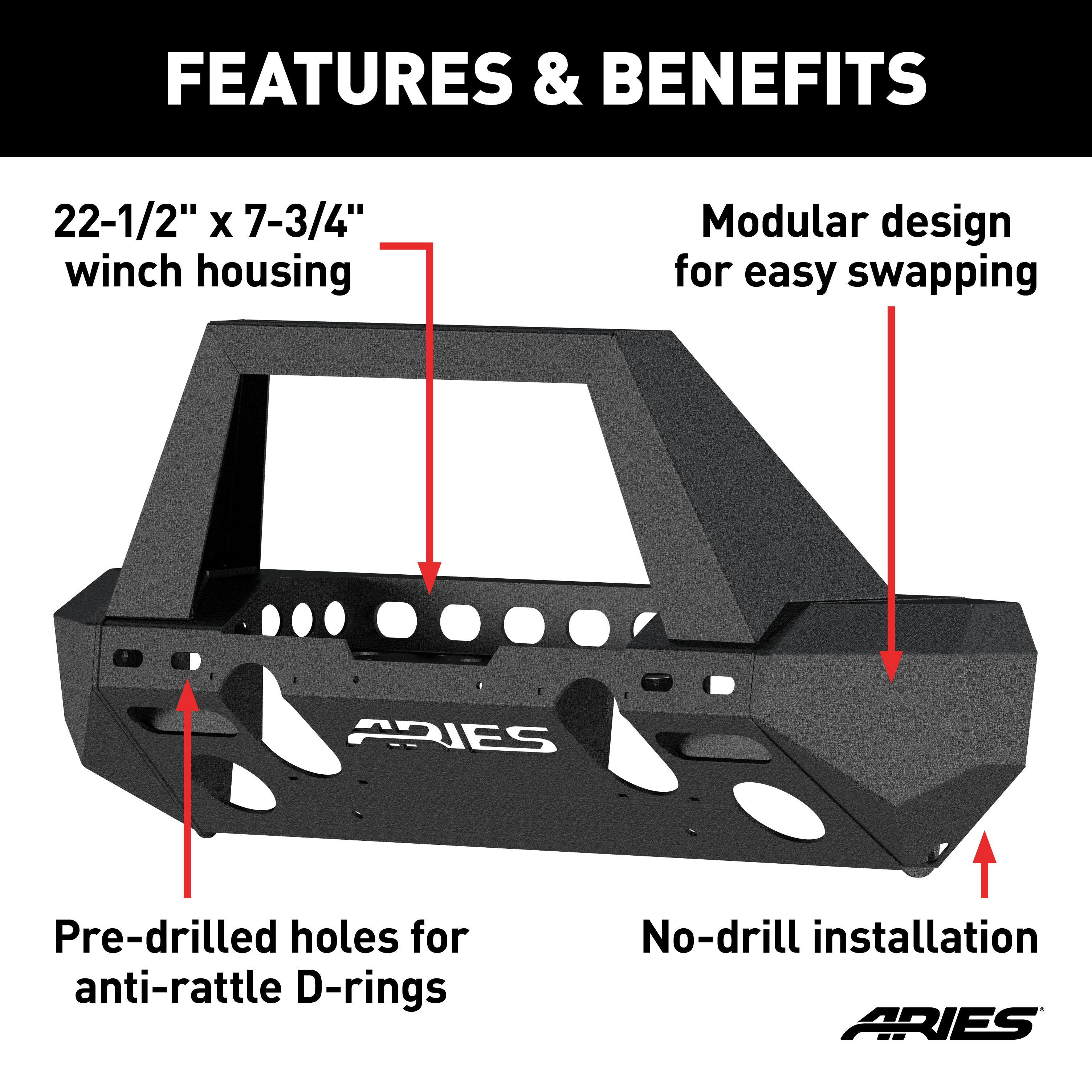 ARIES 2082055 TrailChaser Black Aluminum Front Bumper with Brush Guard and Winch Mount, Select Jeep Wrangler JK thumbnail 1