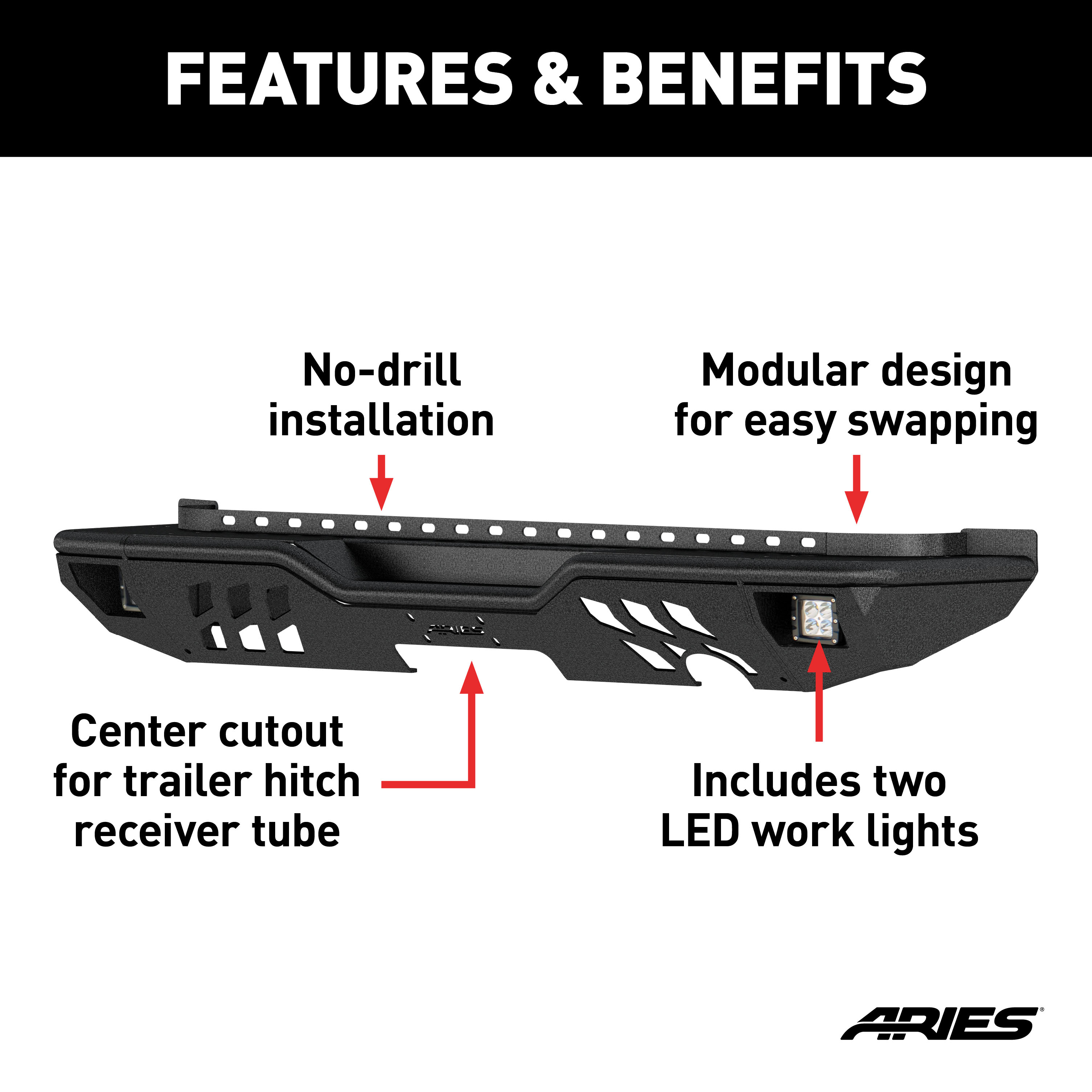 ARIES 2082061 TrailChaser Black Aluminum Rear Bumper with LED Lights, Select Jeep Wrangler JK thumbnail 1