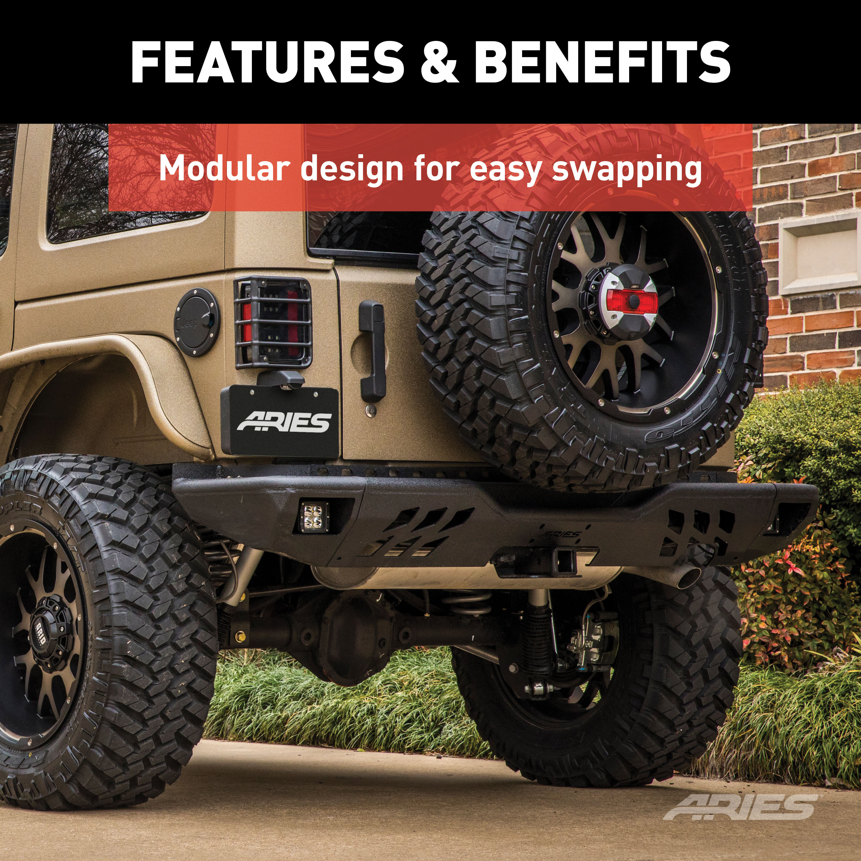 ARIES 2082061 TrailChaser Black Aluminum Rear Bumper with LED Lights, Select Jeep Wrangler JK thumbnail 4