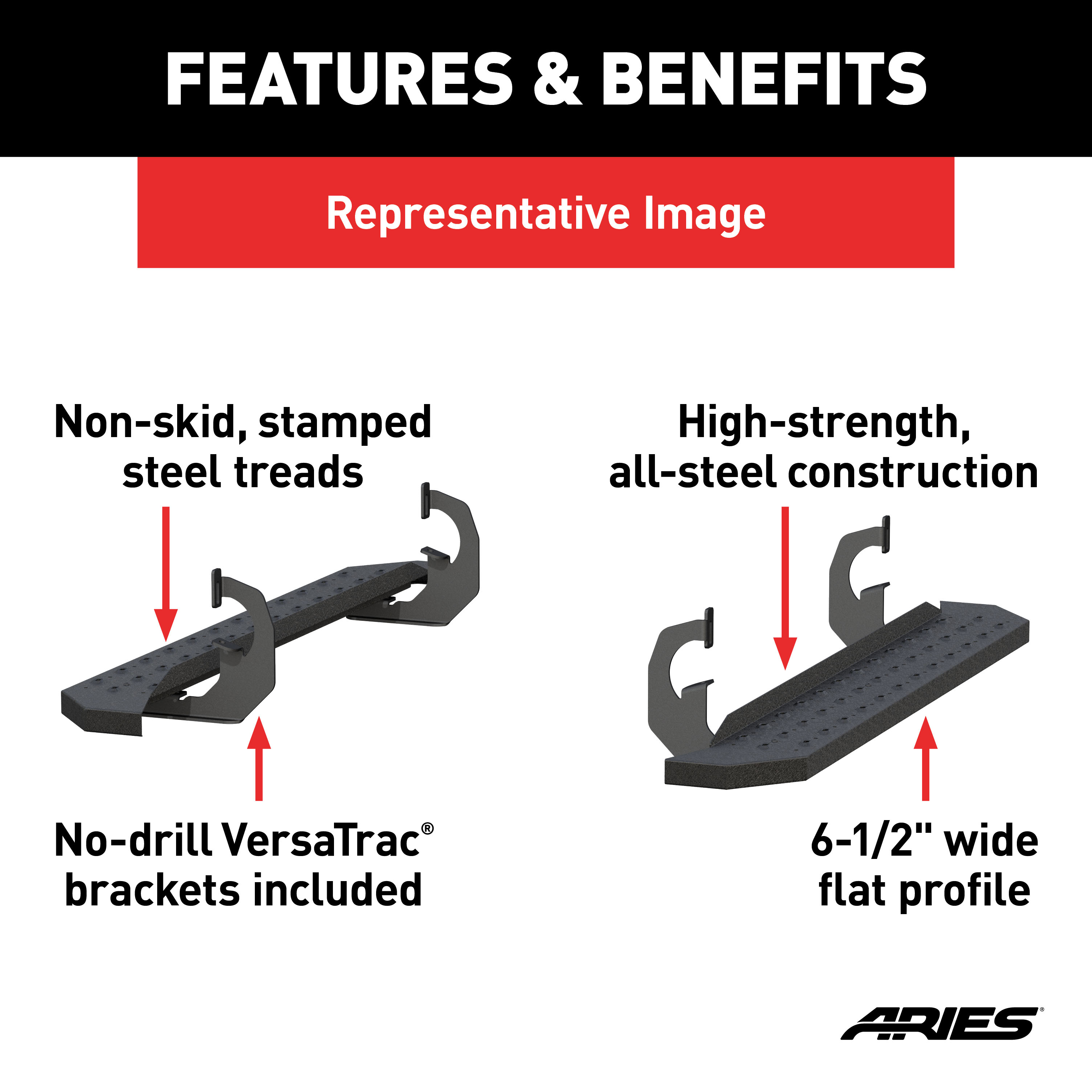 ARIES 2055520 RidgeStep Black Steel 6-1/2 x 53-Inch Truck Running Boards, Select Ford F-150, F-250, F-350, F-450, F-550 Super Duty thumbnail 3
