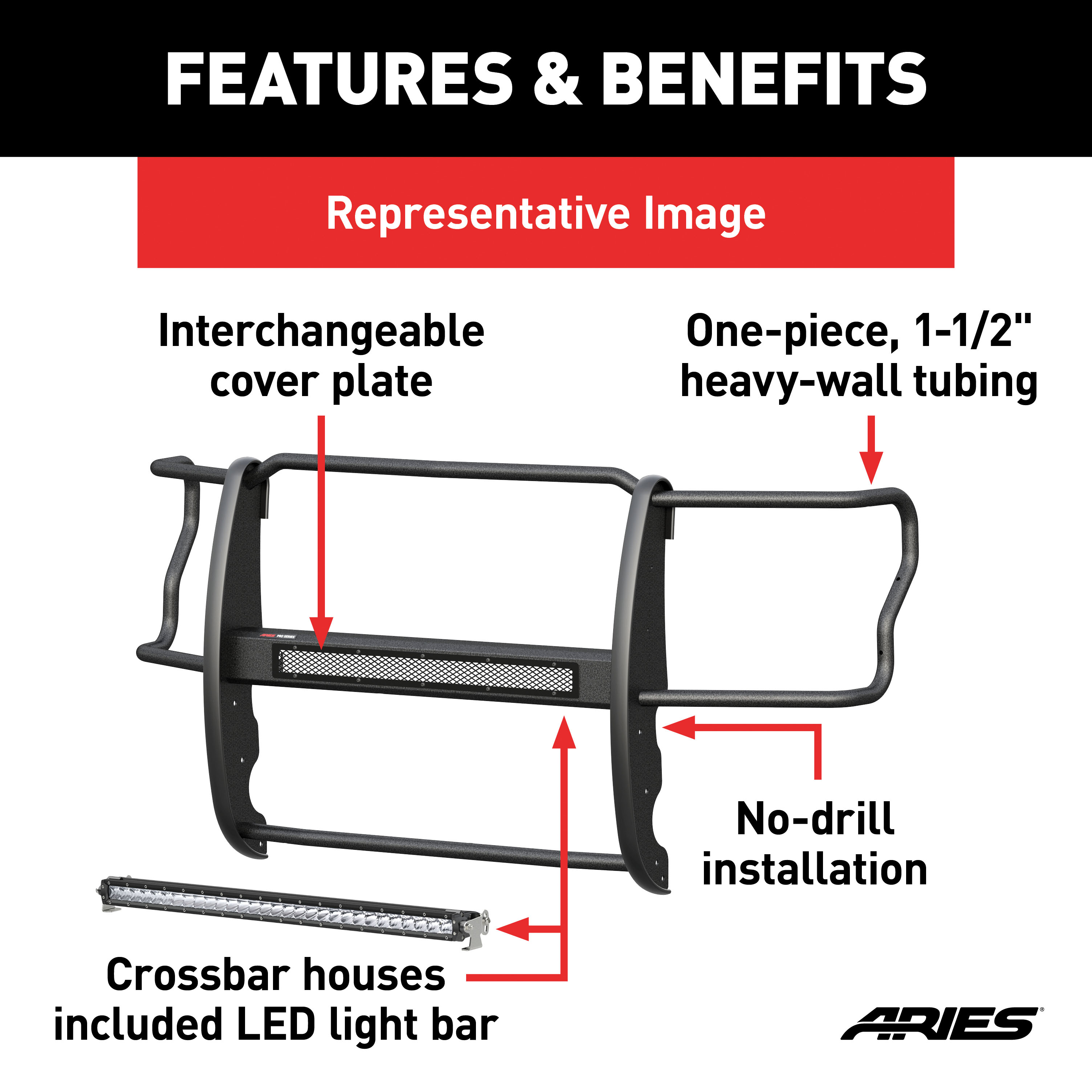 ARIES 2170037 Pro Series Black Steel Grille Guard with Light Bar, Select Ford Ranger thumbnail 1