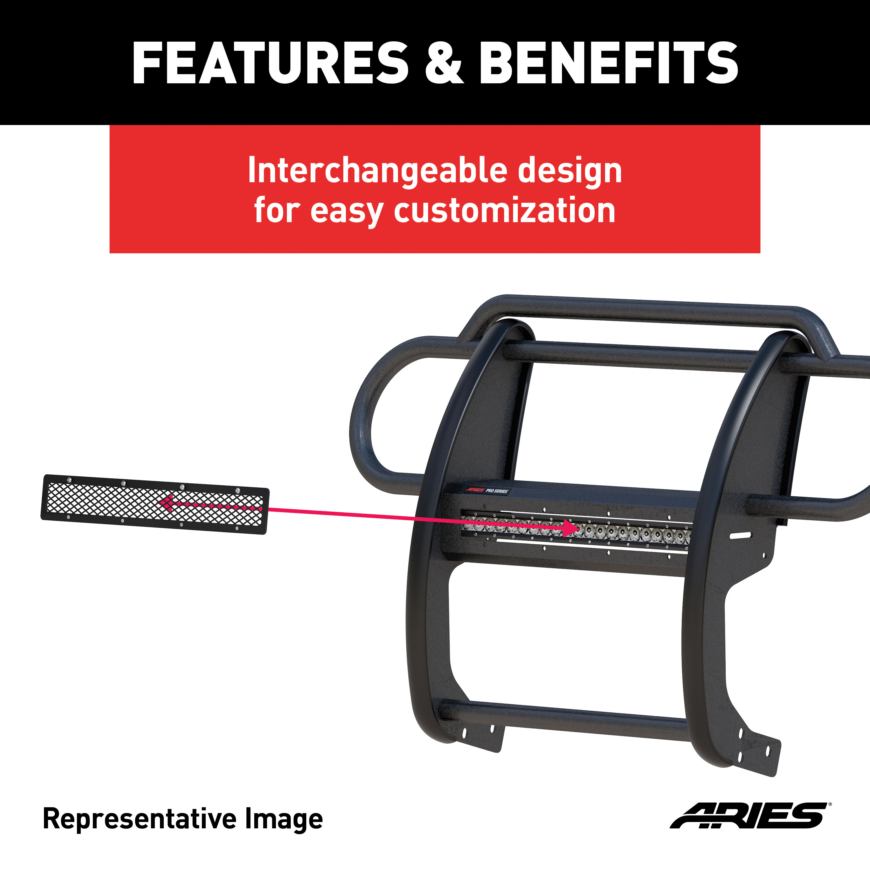 ARIES PJ20OB Pro Series 20-Inch Black Steel Grille Guard Light Bar Cover Plate thumbnail 2