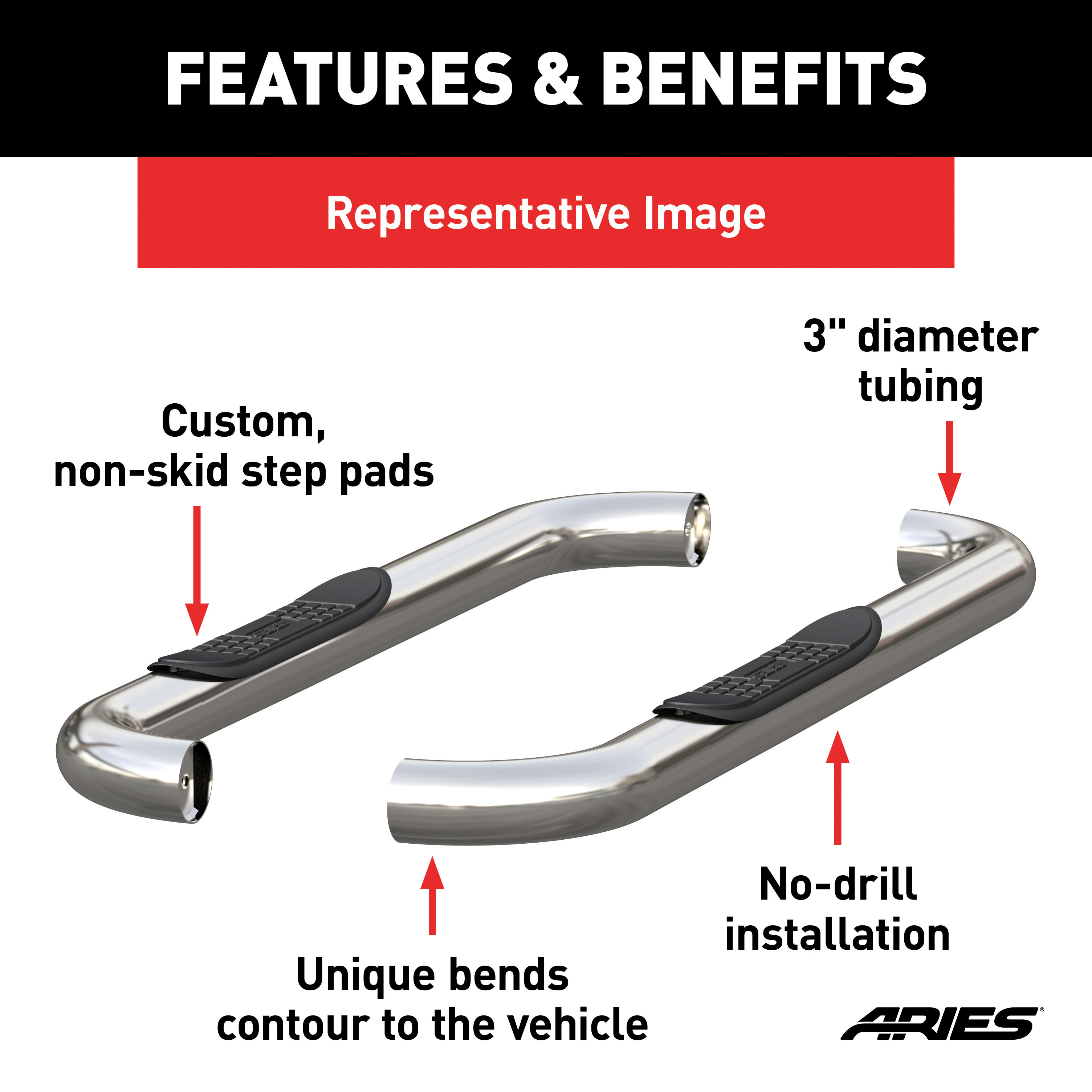 ARIES 204040-2 3-Inch Round Polished Stainless Steel Nerf Bars, No-Drill, Fits Select Chevrolet, GMC C2500, C3500, K2500, K3500 thumbnail 2