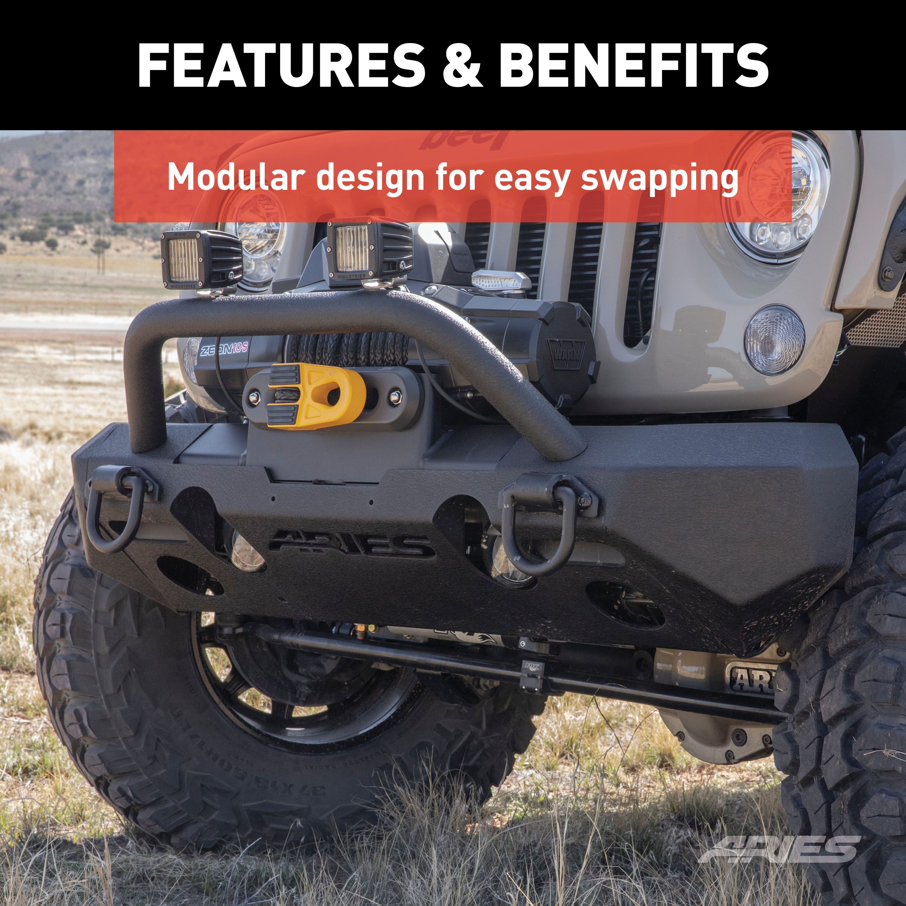 ARIES 2082054 TrailChaser Black Aluminum Front Bumper with Brush Guard and Winch Mount, Select Jeep Wrangler JK thumbnail 3