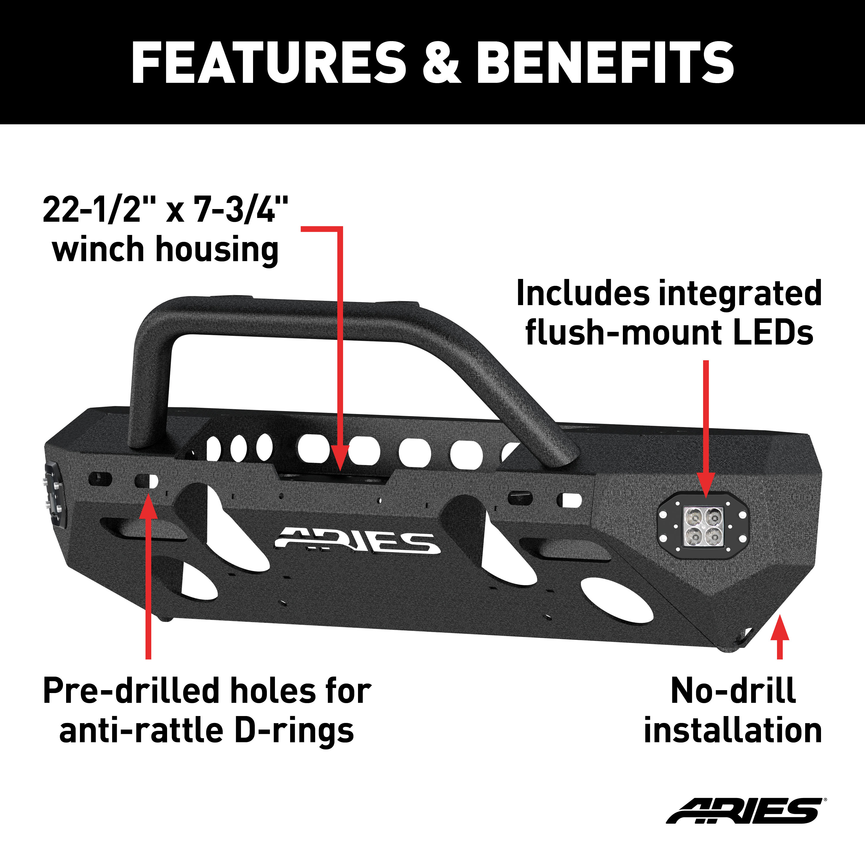 ARIES 2082058 TrailChaser Black Aluminum Front Bumper with LED Lights and Winch Mount, Select Jeep Wrangler JK thumbnail 1